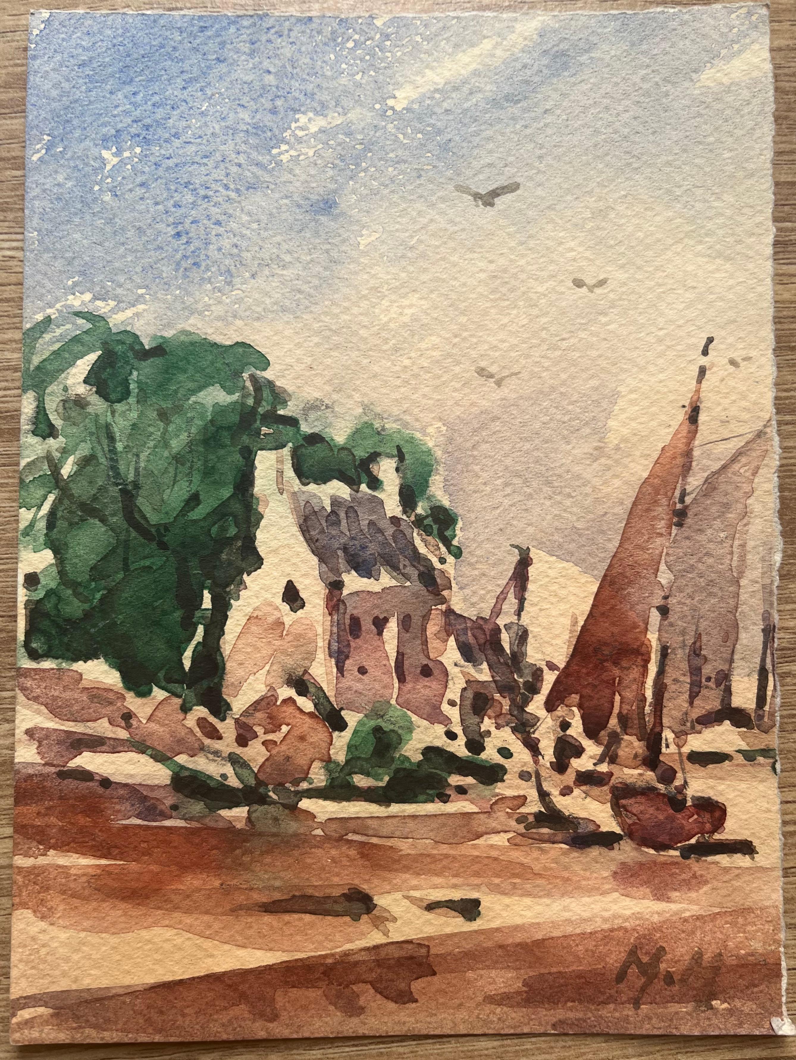 Aquarelle impressionniste française représentant une scène côtière avec des bateaux et des verdures - Art de Maurice Mazeilie