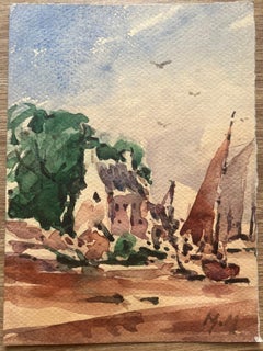 Acquerello impressionista francese raffigurante una scena costiera con barche e vegetazione