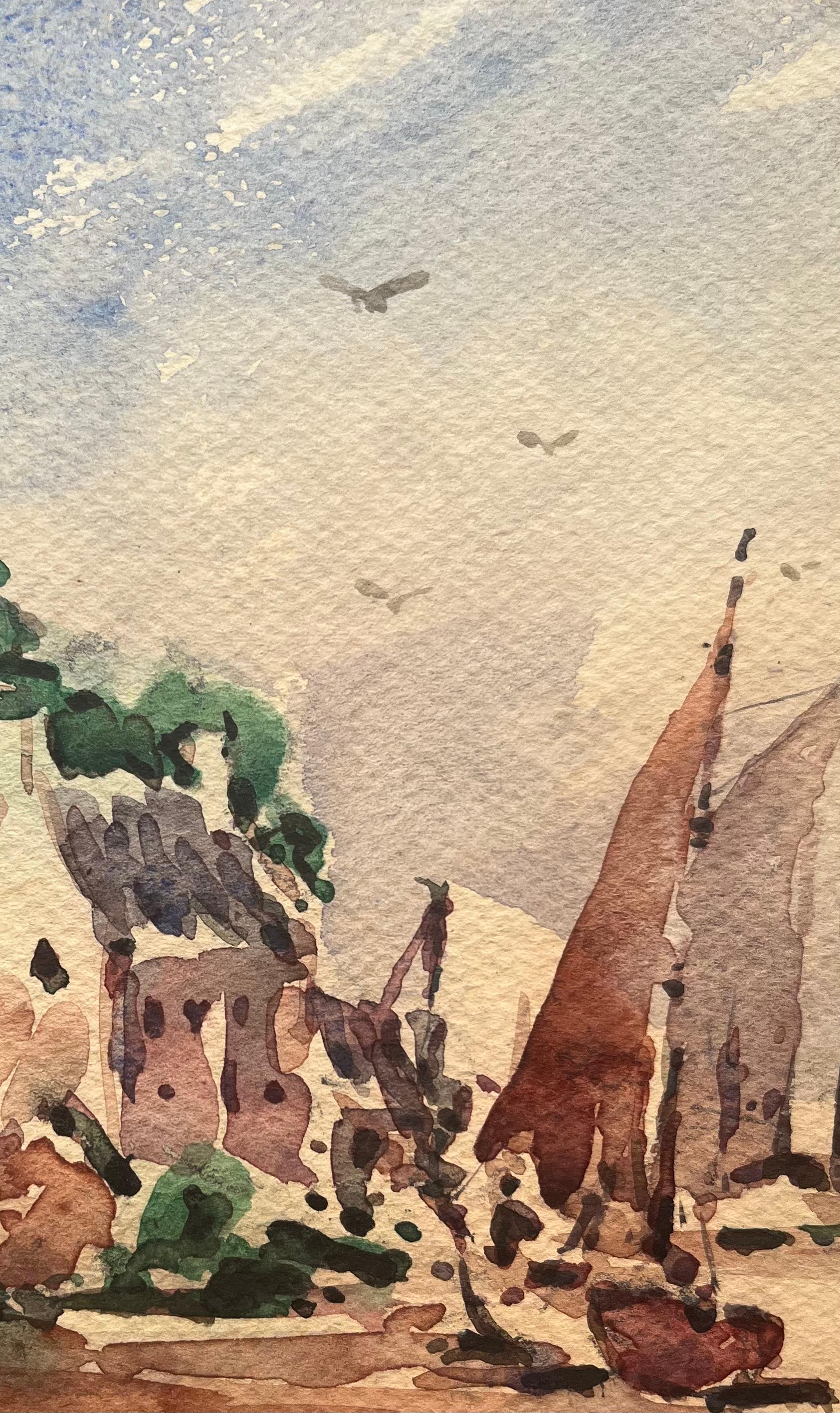 Aquarelle impressionniste française représentant une scène côtière avec des bateaux et des verdures - Beige Landscape Art par Maurice Mazeilie
