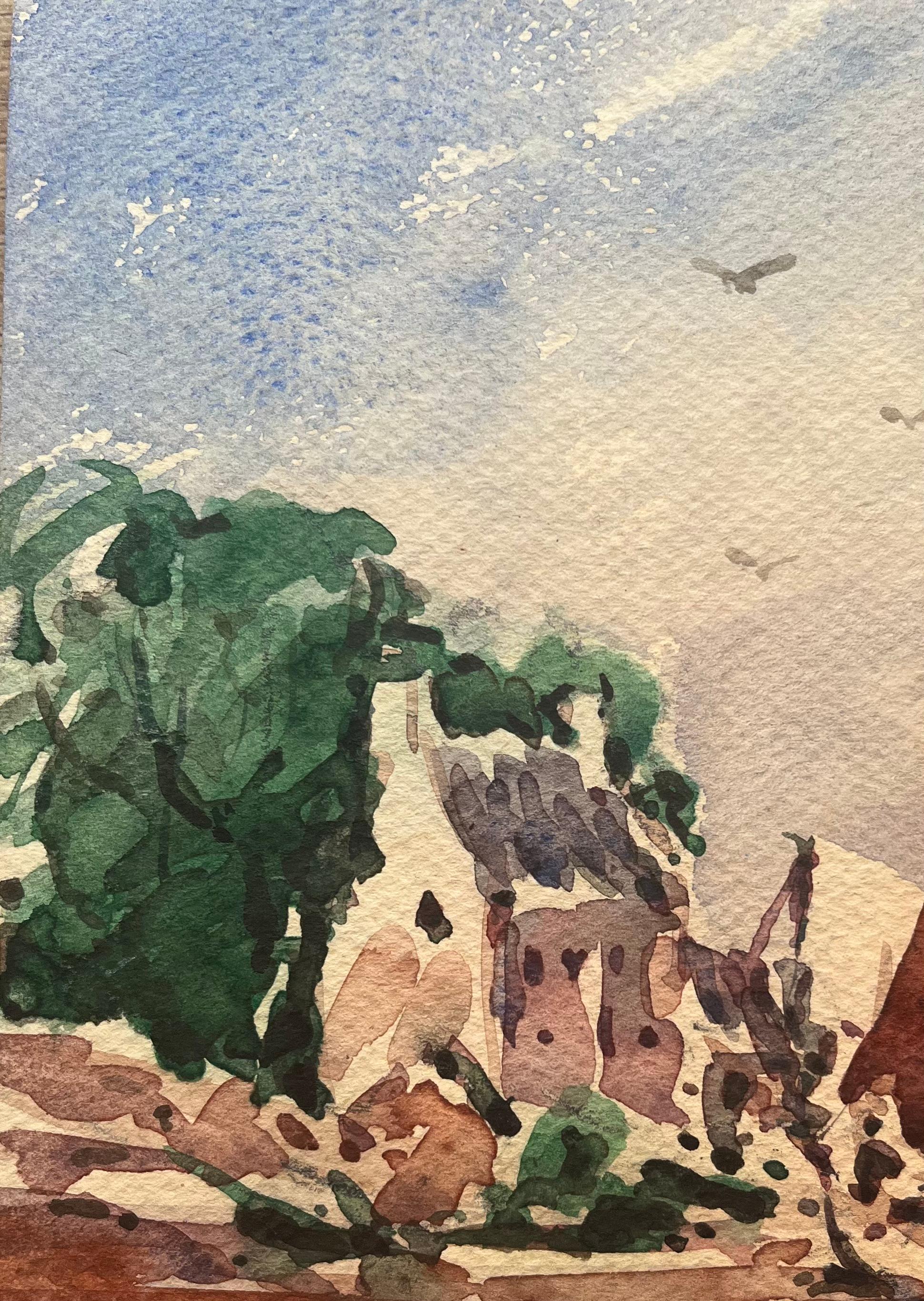 Aquarelle impressionniste française représentant une scène côtière avec des bateaux et des verdures - Impressionnisme Art par Maurice Mazeilie