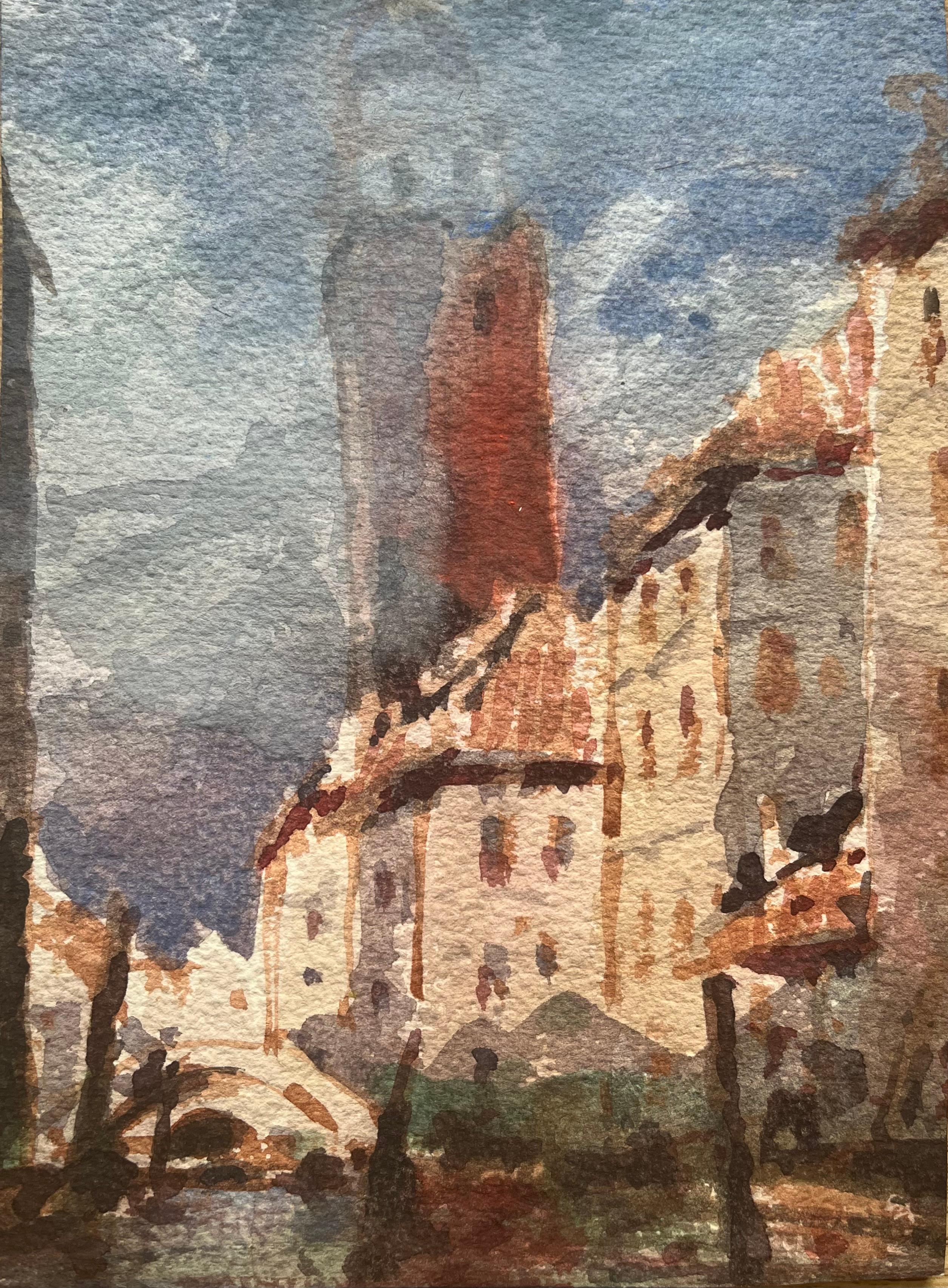 Acquerello impressionista francese di paesaggio urbano veneziano con torre e canale