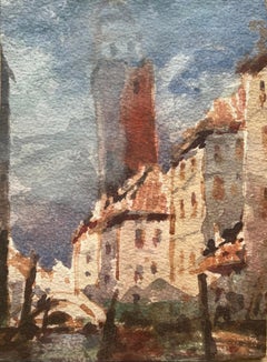 Aquarelle impressionniste française d'un paysage urbain vénitien avec tour et canal