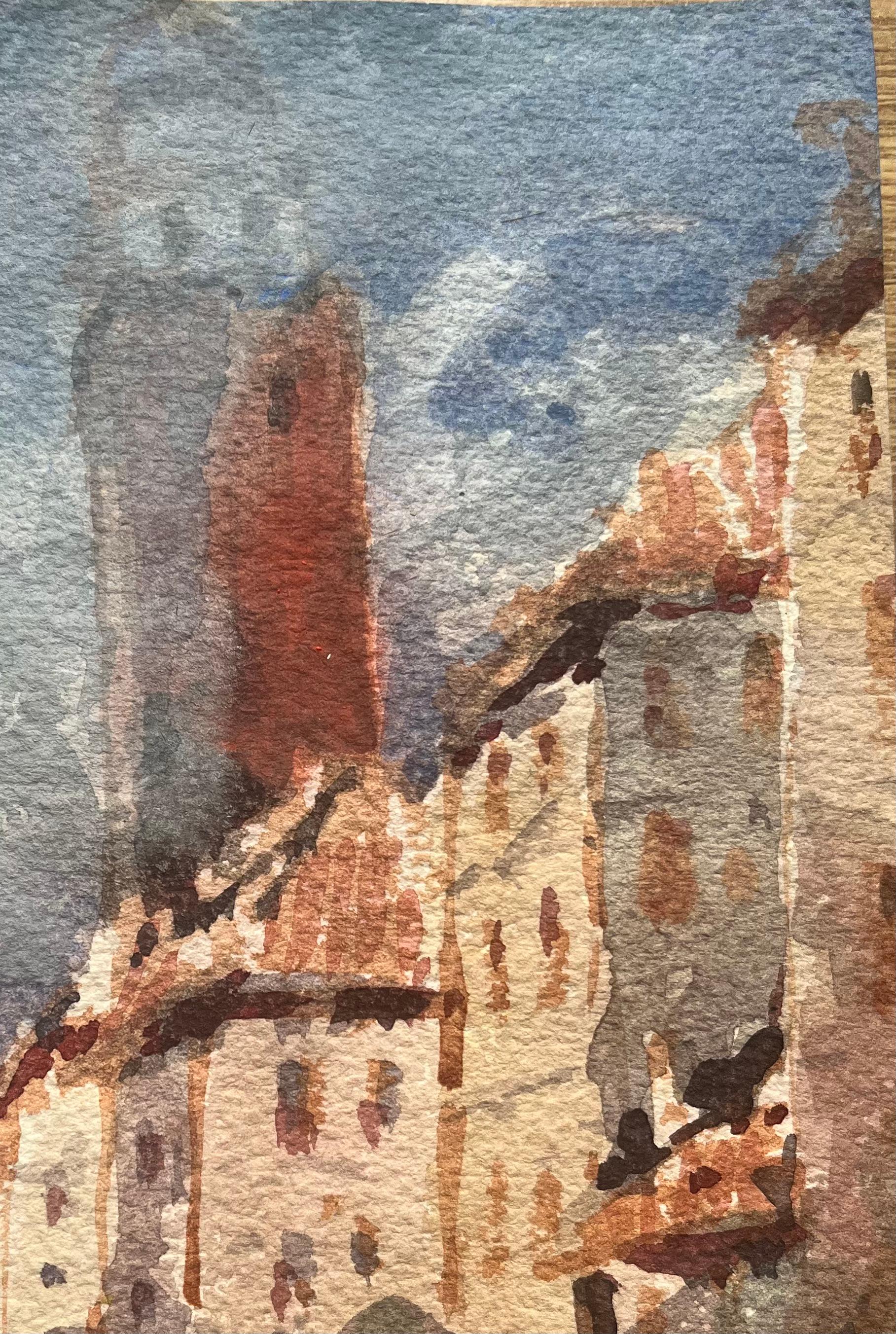 Aquarelle impressionniste française d'un paysage urbain vénitien avec tour et canal - Impressionnisme Art par Maurice Mazeilie
