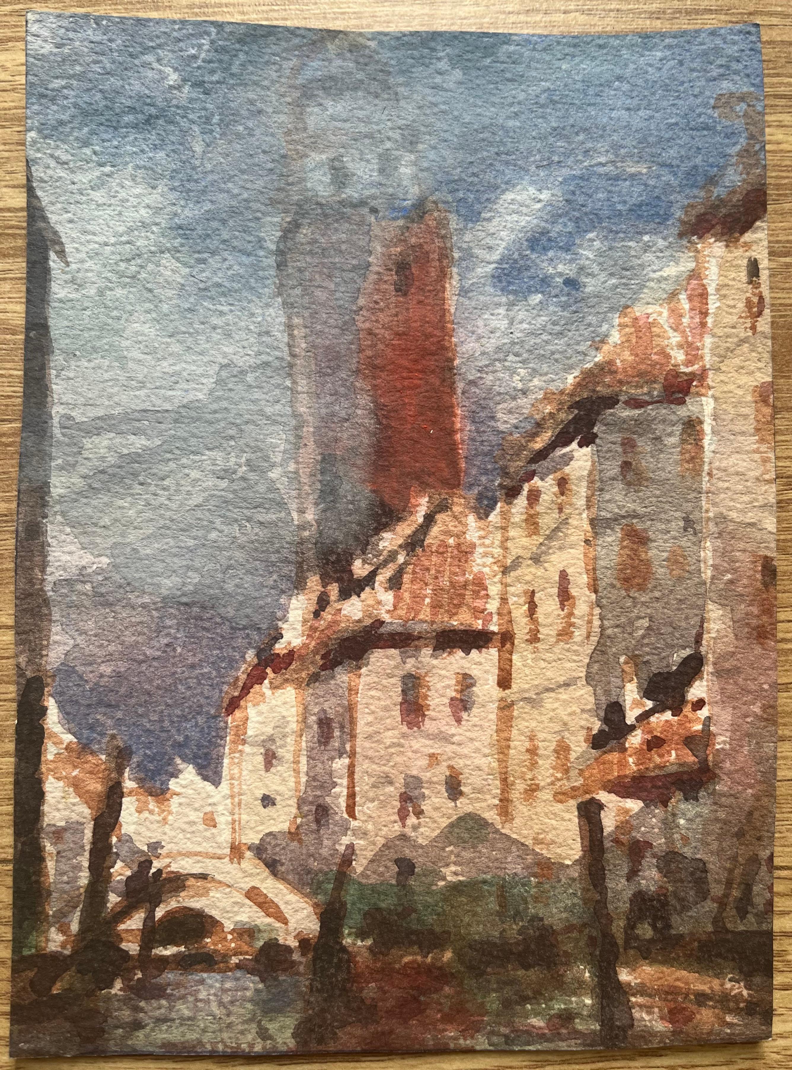 Aquarelle impressionniste française d'un paysage urbain vénitien avec tour et canal - Art de Maurice Mazeilie