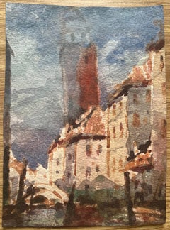 French Impressionist Watercolor of Venetian Cityscape with Tower and Canal
