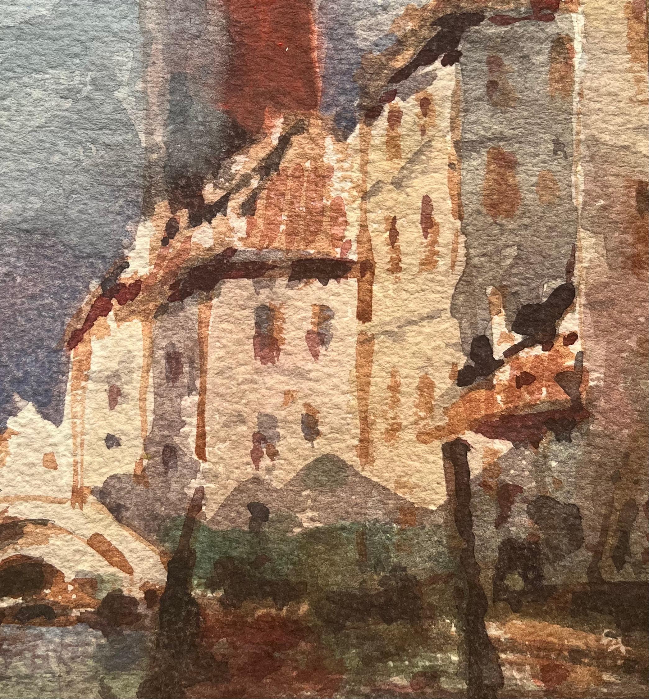 Aquarelle impressionniste française d'un paysage urbain vénitien avec tour et canal - Marron Landscape Art par Maurice Mazeilie