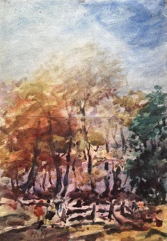 Aquarelle impressionniste française d'une scène de bois d'automne