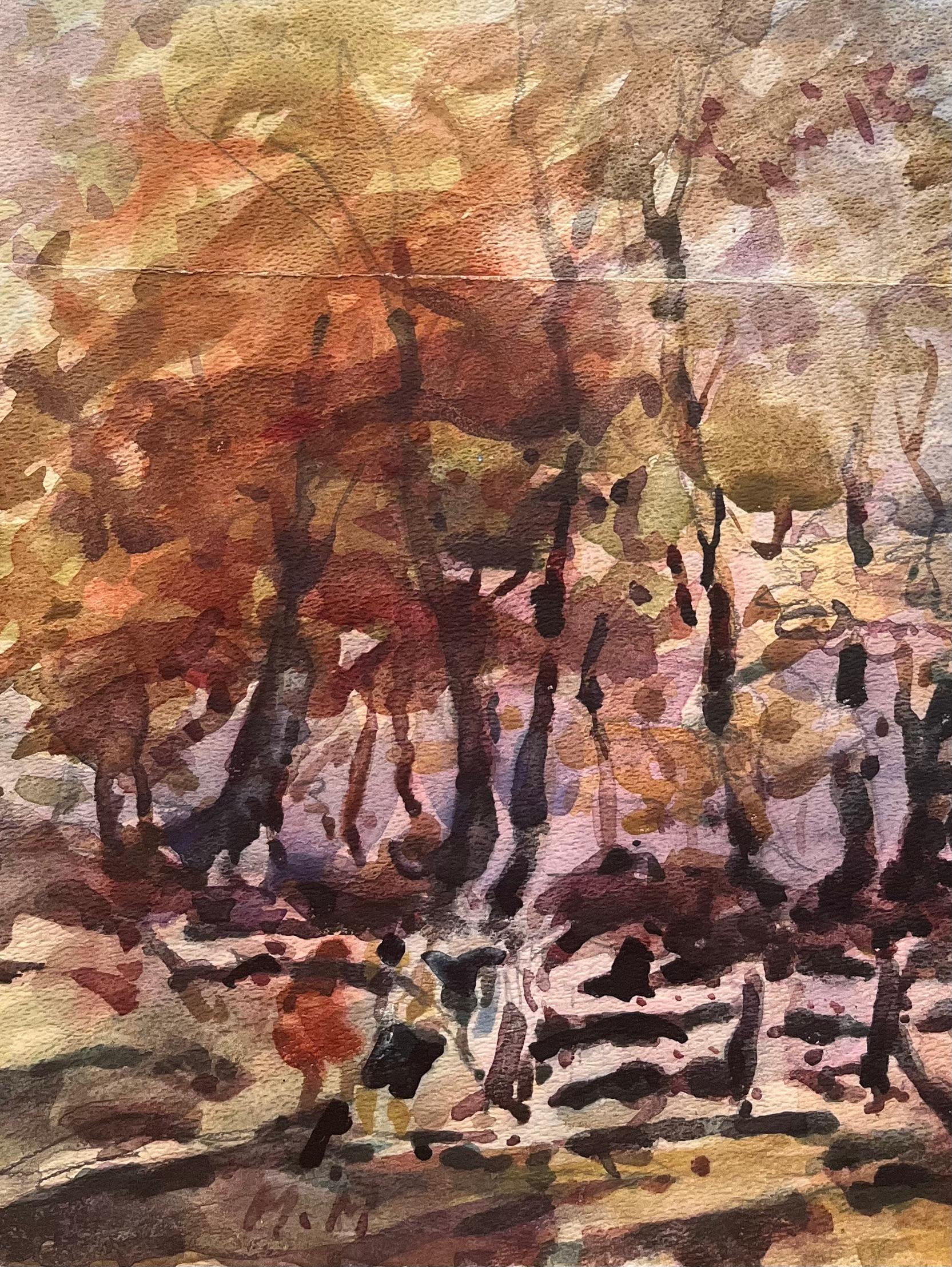 Acquerello impressionista francese di una scena di bosco autunnale - Art Impressionismo di Maurice Mazeilie