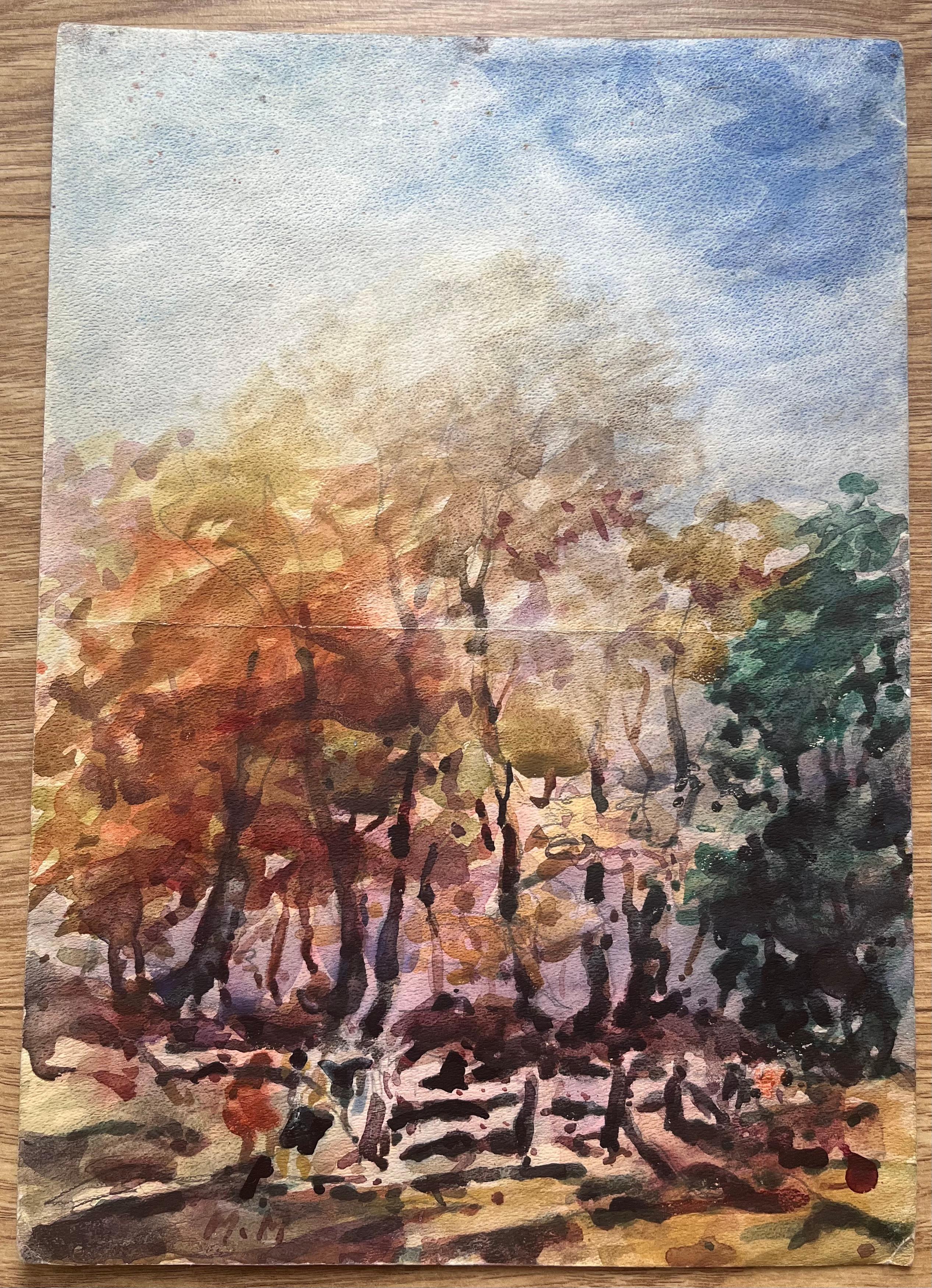Acquerello impressionista francese di una scena di bosco autunnale - Art di Maurice Mazeilie