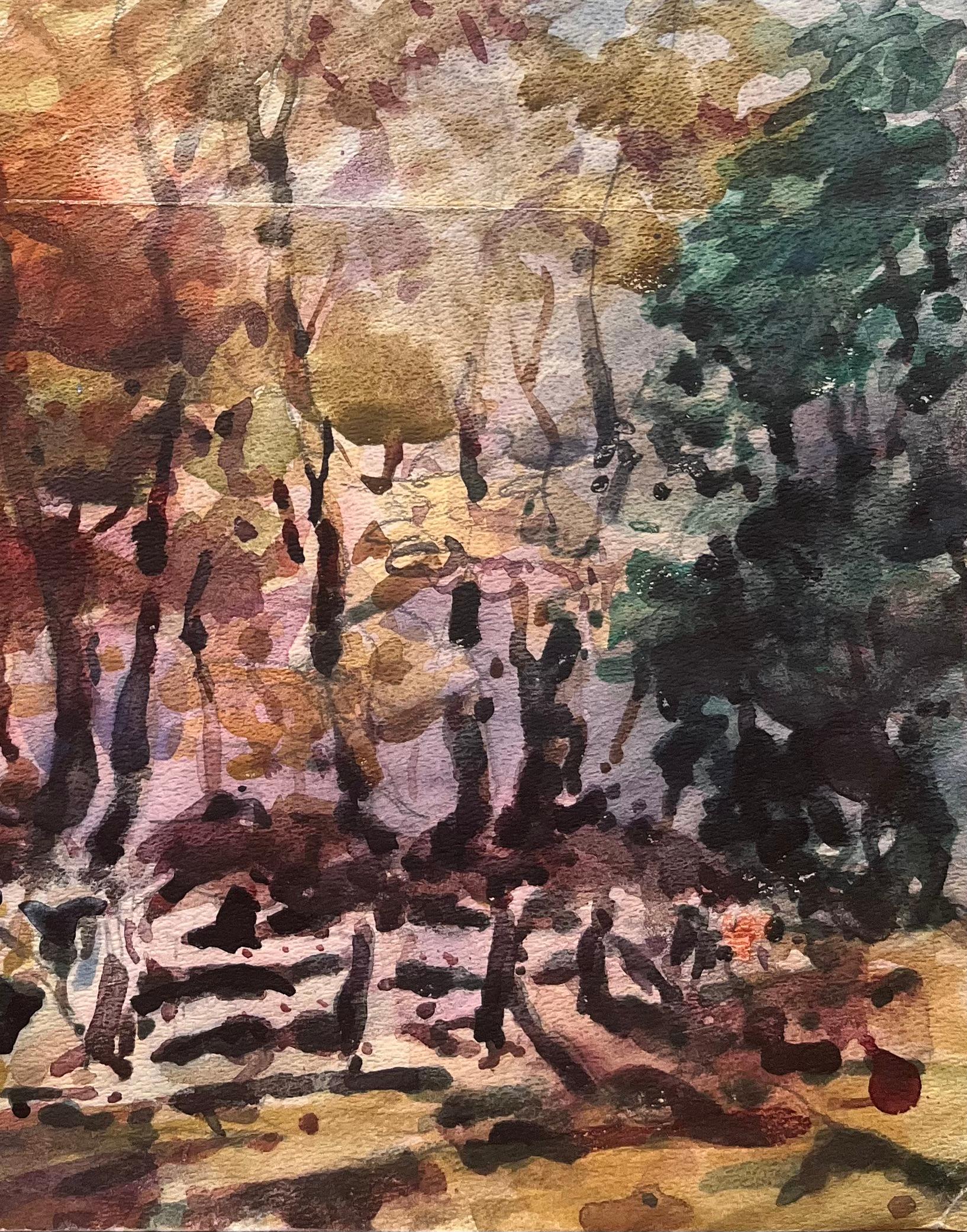 Acquerello impressionista francese di una scena di bosco autunnale - Landscape Art Marrone di Maurice Mazeilie