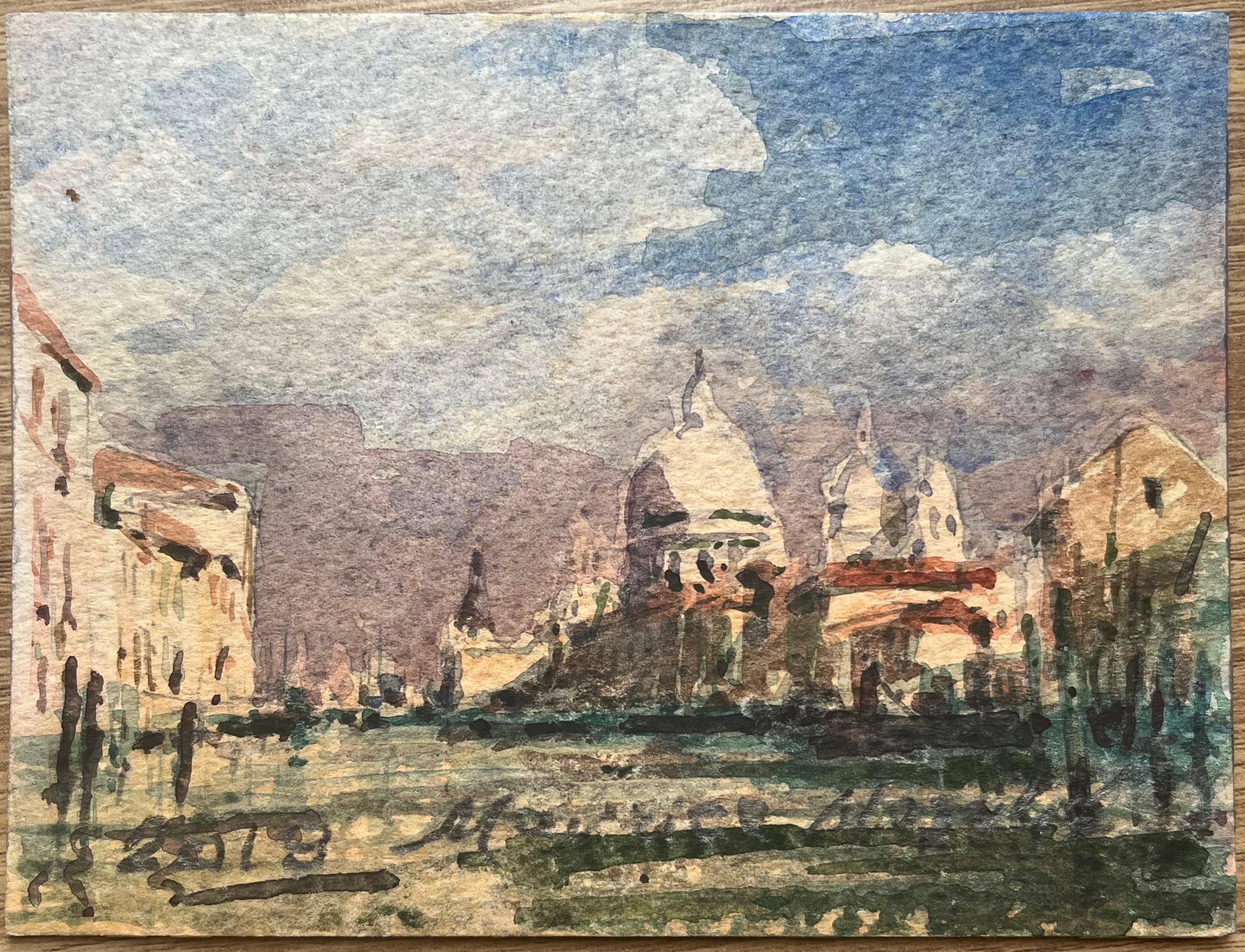 French Impressionist Watercolor of Venetian Scene with Grand Dome and Canal - Art by Maurice Mazeilie