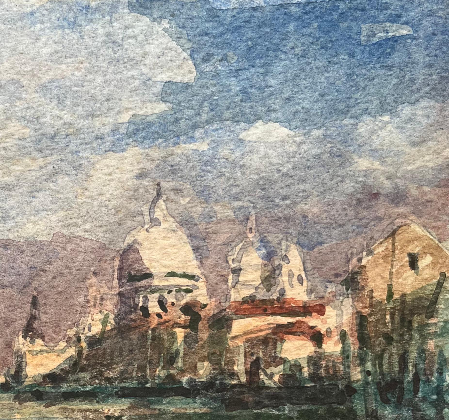 French Impressionist Watercolor of Venetian Scene with Grand Dome and Canal - Brown Landscape Art by Maurice Mazeilie