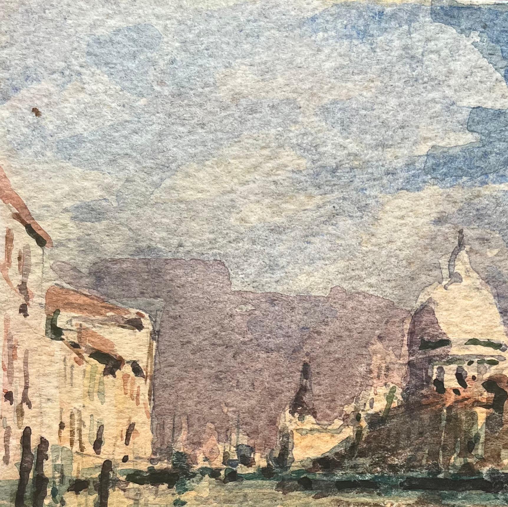 Title: French Impressionist Watercolor of Venetian Scene with Grand Dome and Canal
By Maurice Mazeilie (French 1924-2021)
Medium: Watercolor on paper, unframed
Size: 4.75 x 6.25 inches (Height x Width)
Signed: Yes
Condition: Good, with minor signs