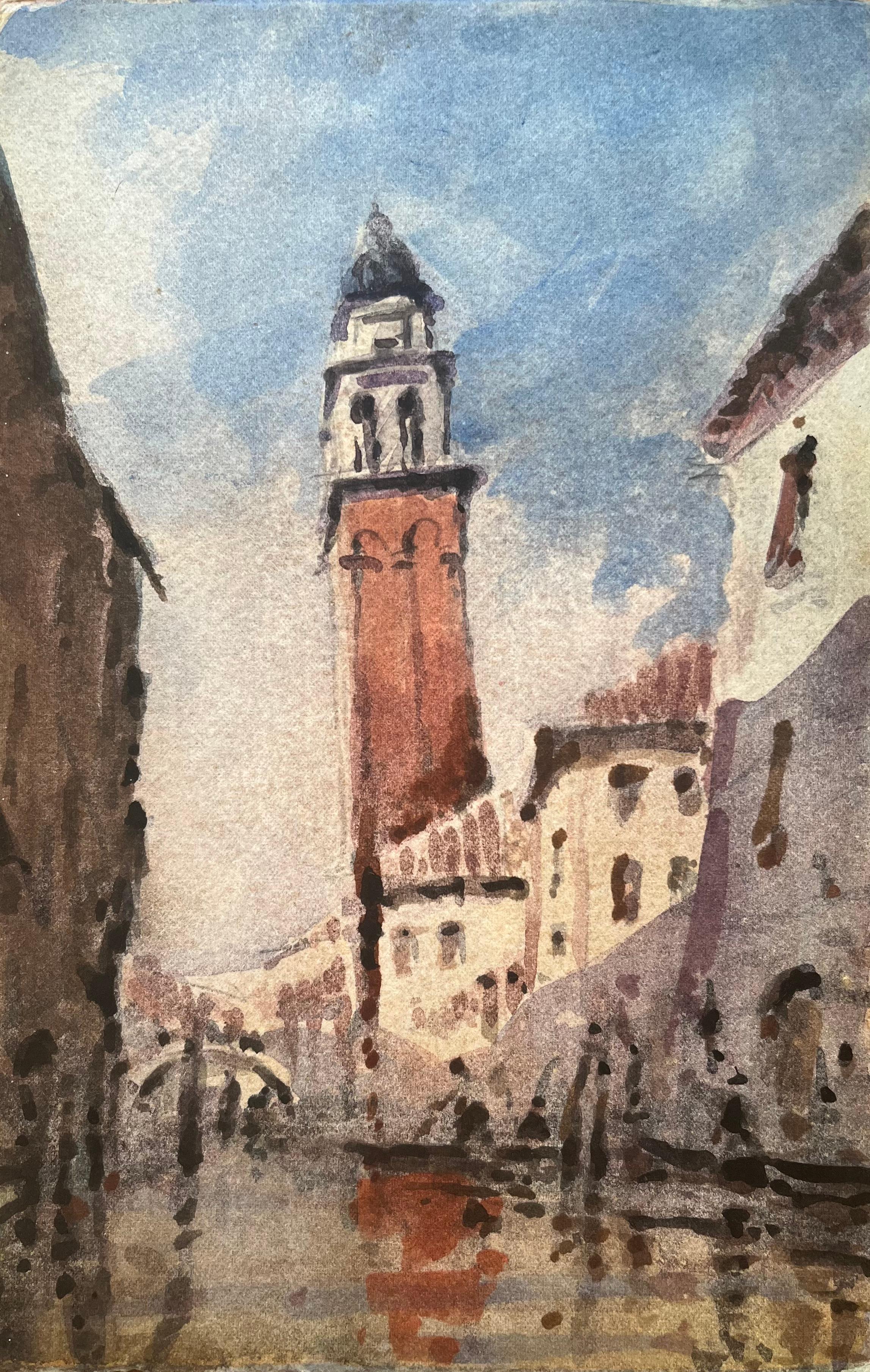 Acuarela impresionista francesa de paisaje urbano veneciano con torre y canal