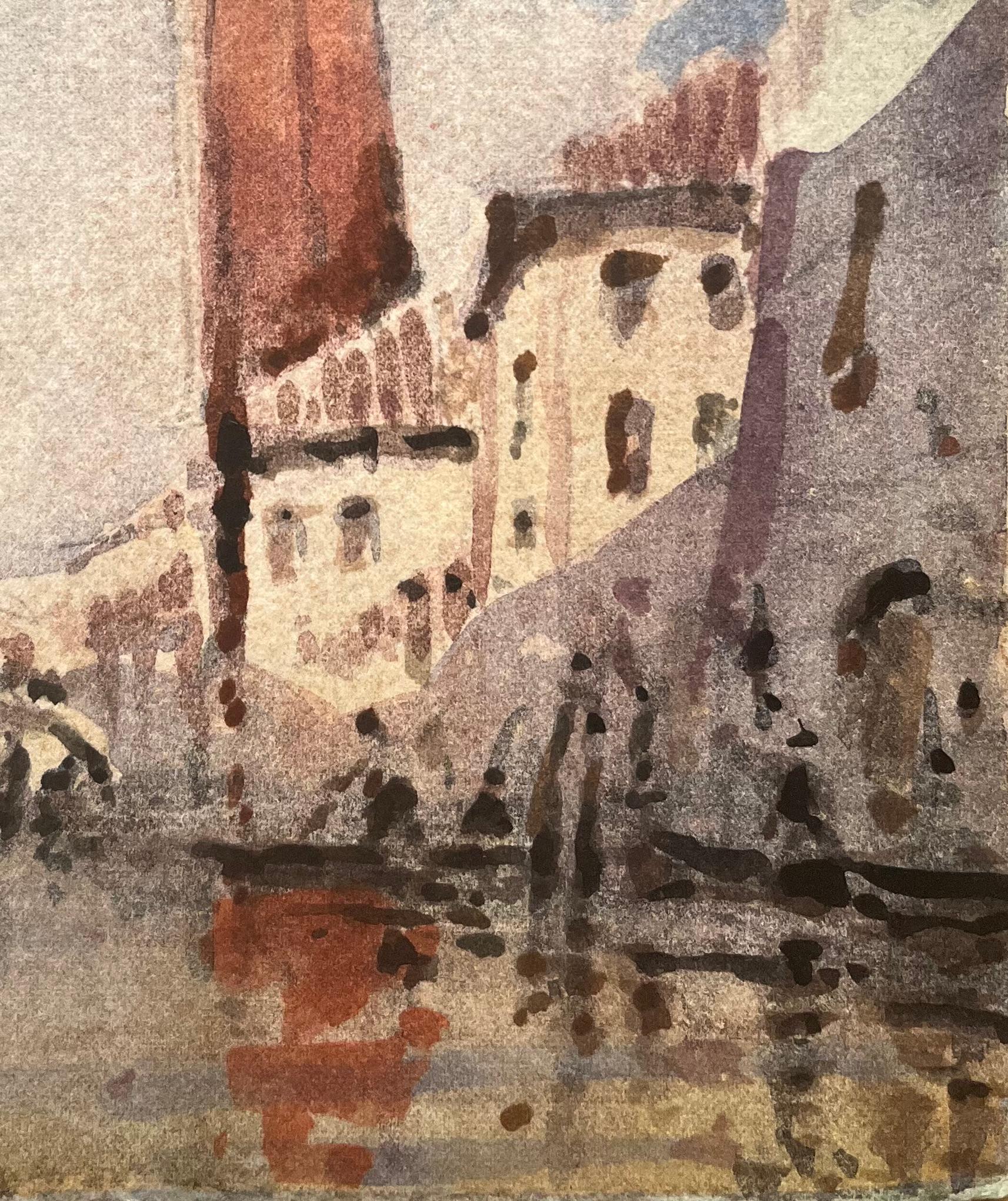 French Impressionist Watercolor of Venetian Cityscape with Tower and Canal For Sale 1