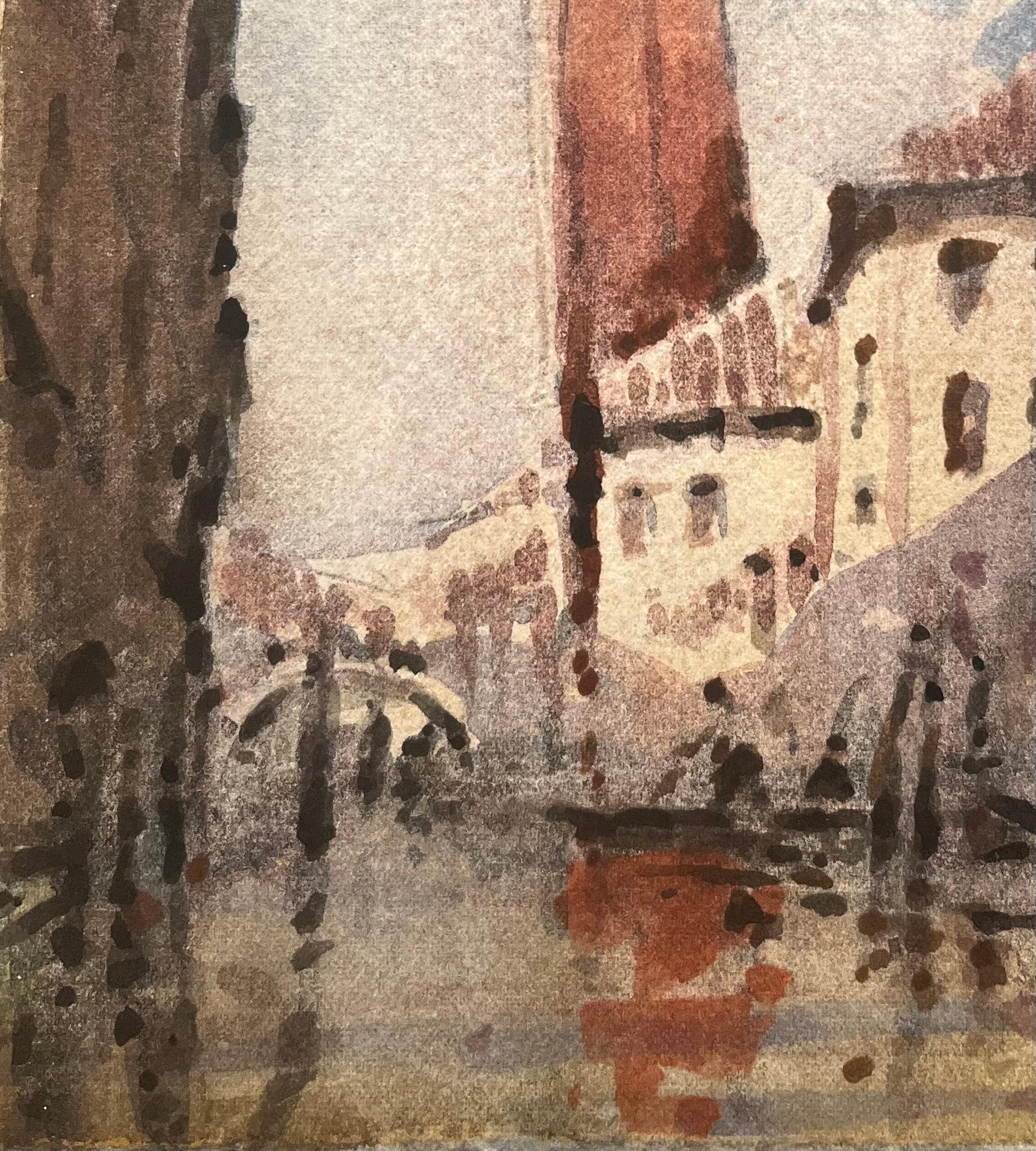 French Impressionist Watercolor of Venetian Cityscape with Tower and Canal For Sale 2