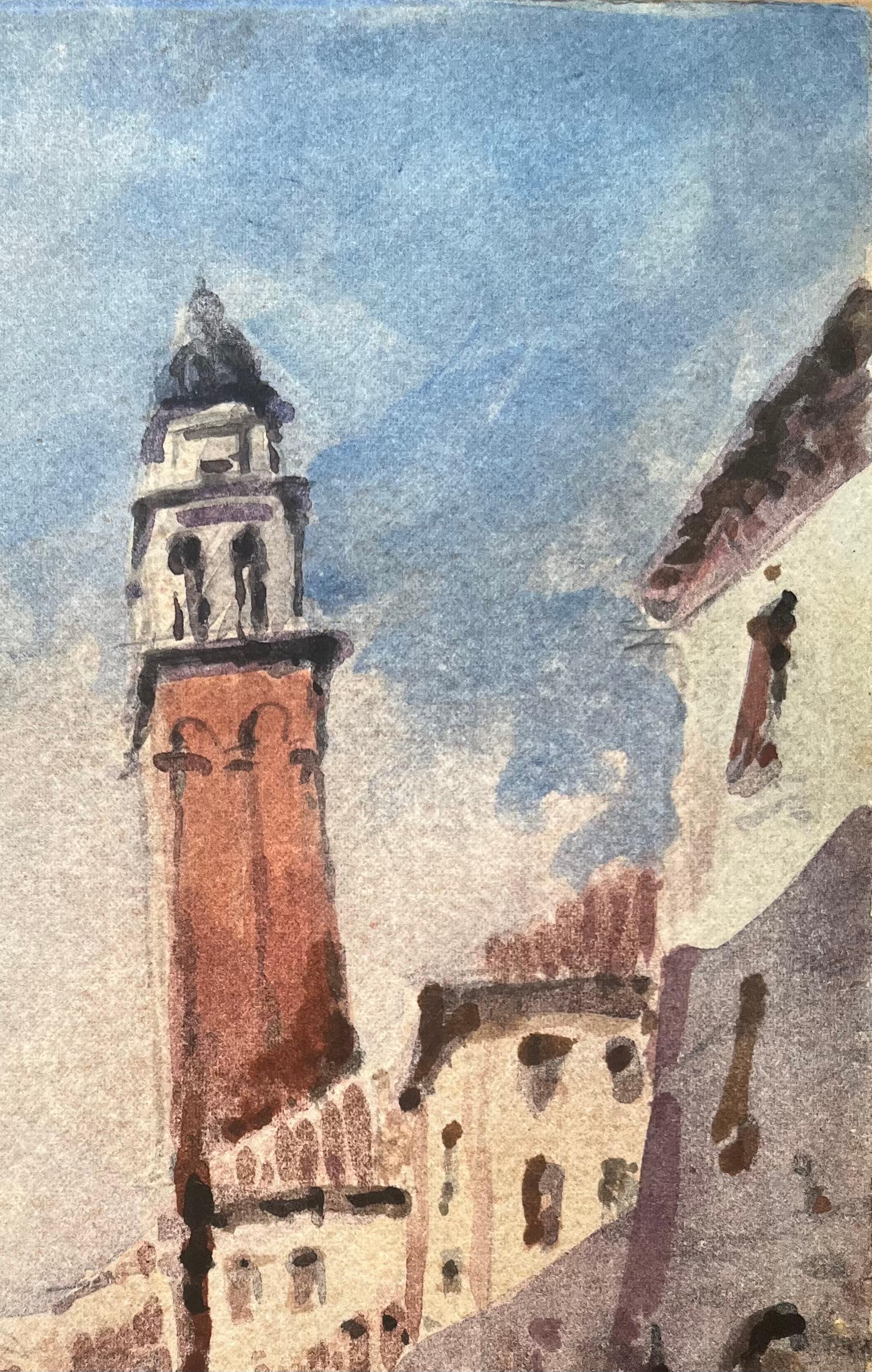 French Impressionist Watercolor of Venetian Cityscape with Tower and Canal - Gray Landscape Art by Maurice Mazeilie