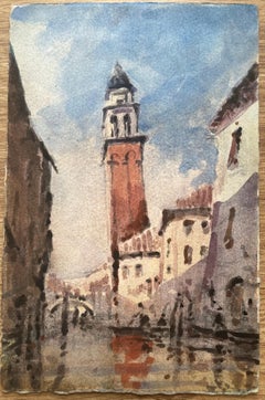 French Impressionist Watercolor of Venetian Cityscape with Tower and Canal