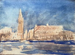 French Impressionist Watercolor of Venetian Skyline with Tower and Waterfront
