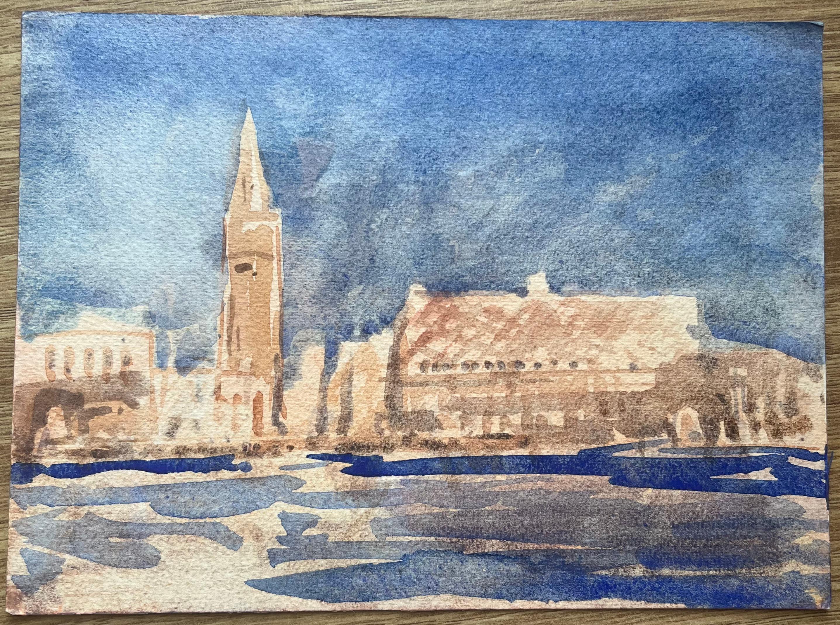 French Impressionist Watercolor of Venetian Skyline with Tower and Waterfront - Art by Maurice Mazeilie