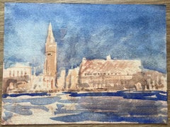 Französischer Impressionist Aquarell von venezianischen Skyline mit Turm und Waterfront