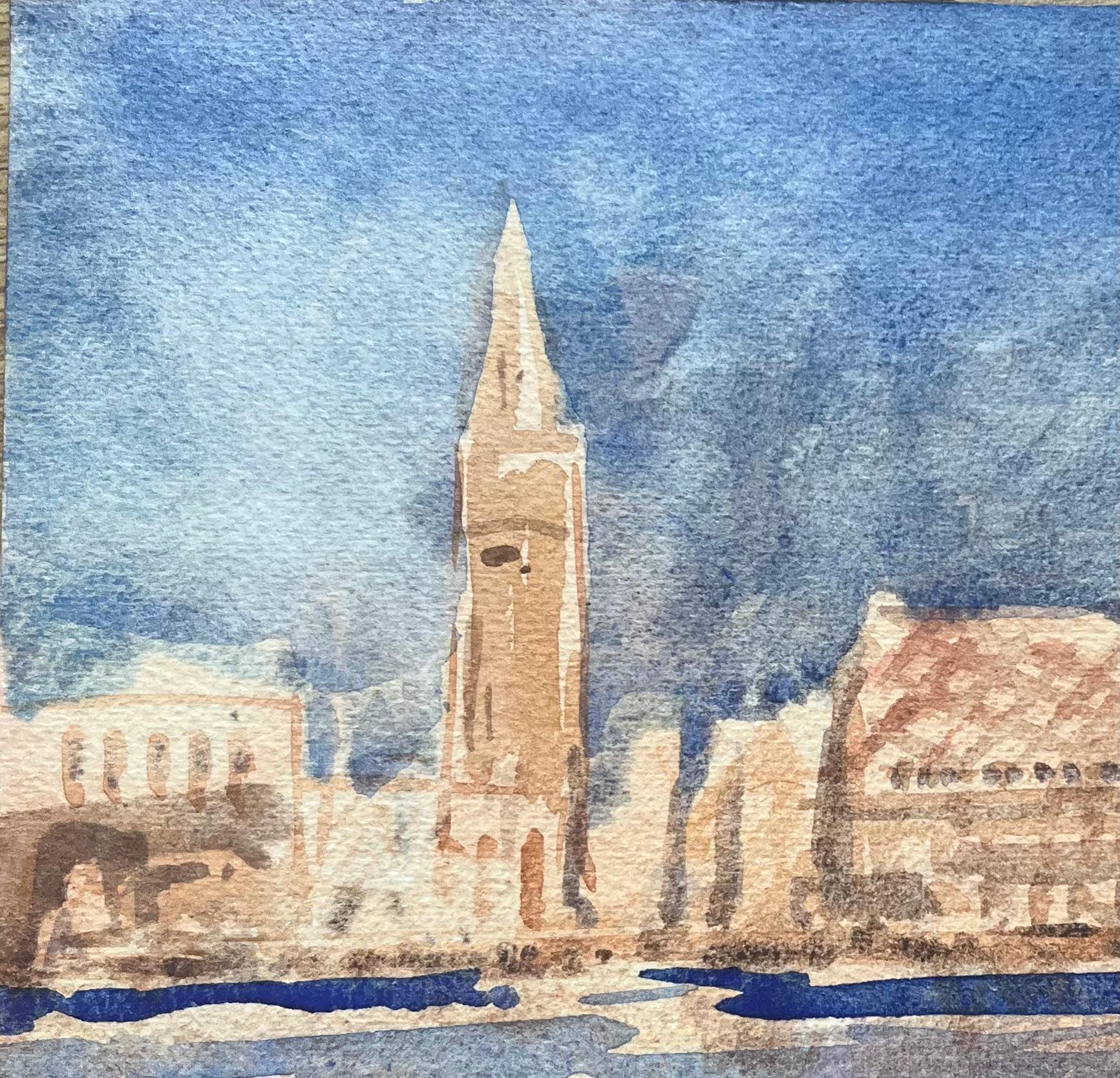 French Impressionist Watercolor of Venetian Skyline with Tower and Waterfront - Gray Landscape Art by Maurice Mazeilie