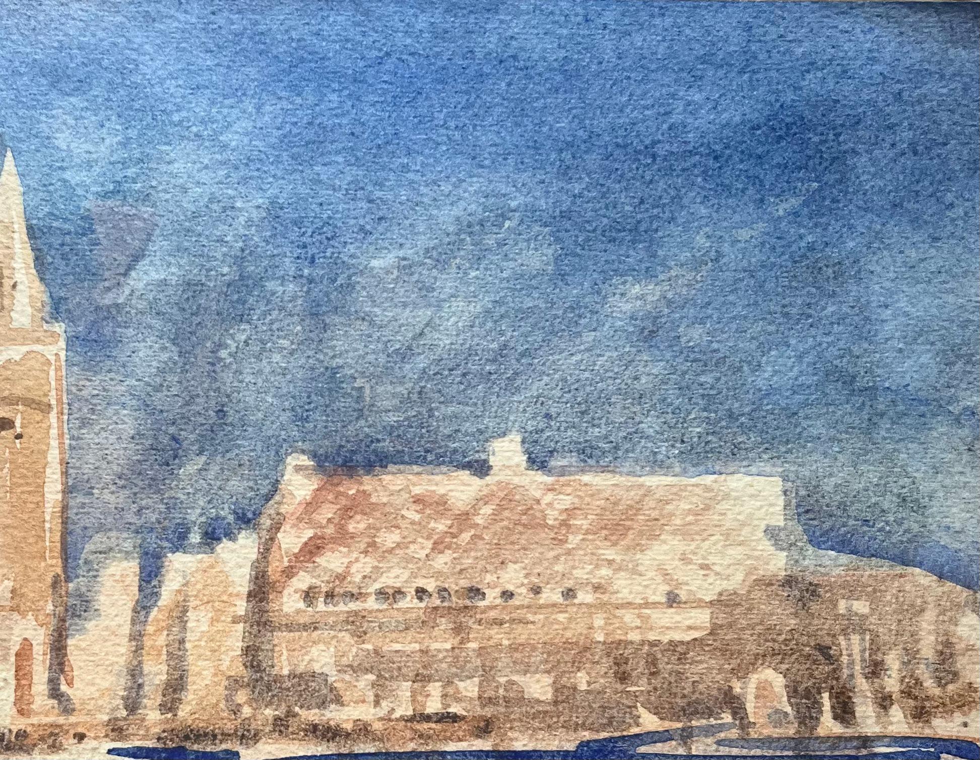 Title: French Impressionist Watercolor of Venetian Skyline with Tower and Waterfront
By Maurice Mazeilie (French 1924-2021)
Medium: Watercolor on paper, unframed
Size: 5.5 x 7.5 inches (Height x Width)
Stamped: Verso
Condition: Good, with some minor