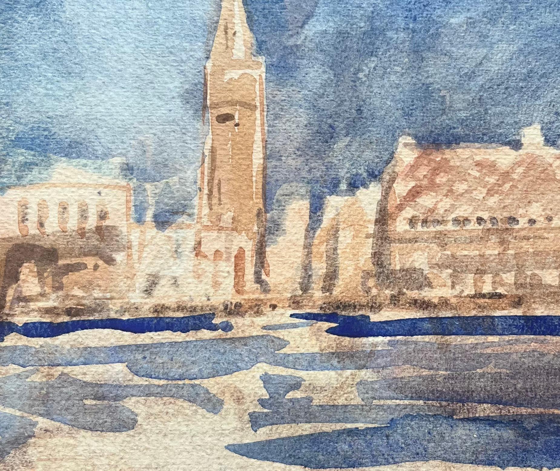 French Impressionist Watercolor of Venetian Skyline with Tower and Waterfront For Sale 2