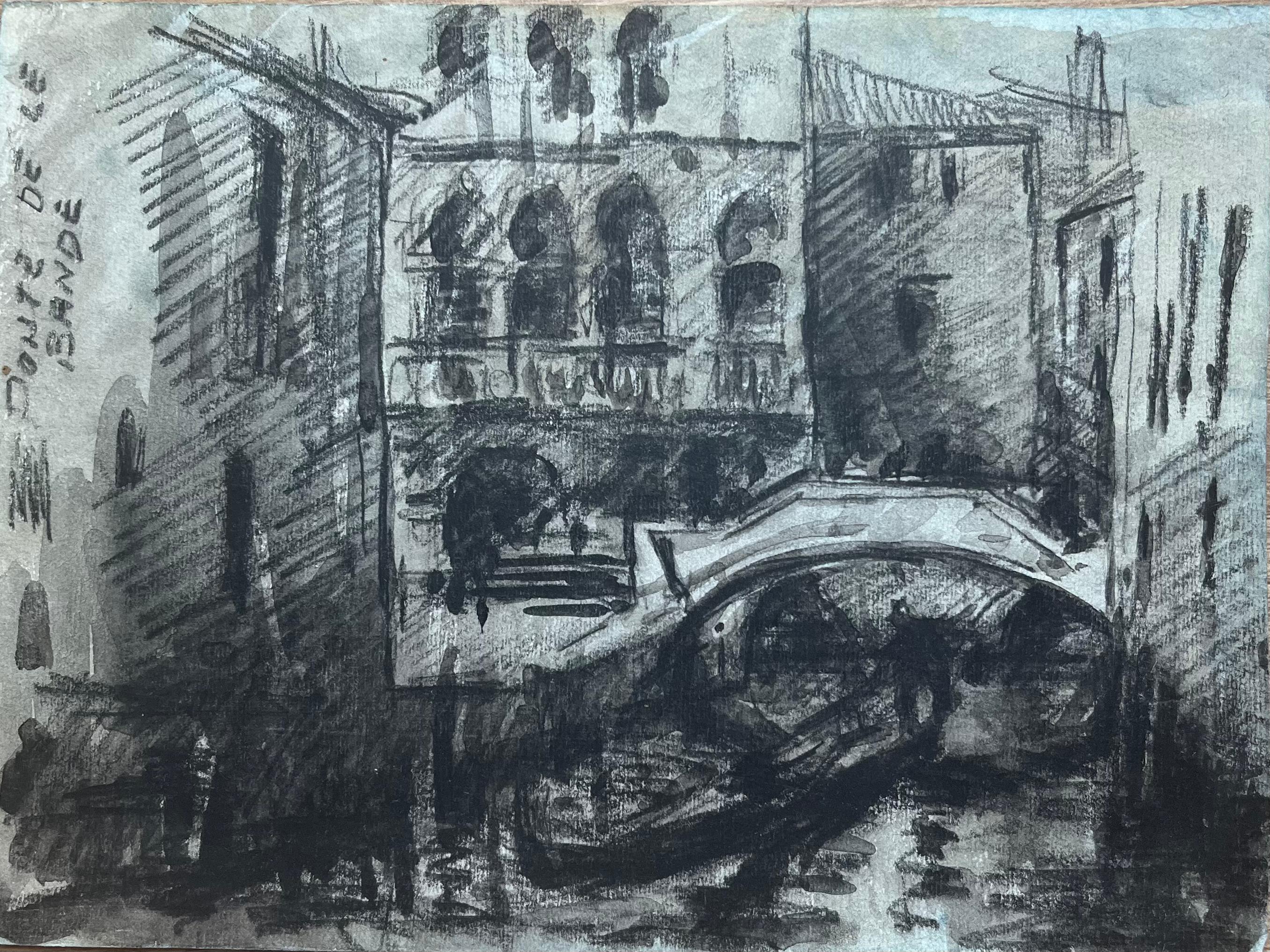 Aquarelle impressionniste française d'une scène de canaux vénitiens Ponte de le Bande