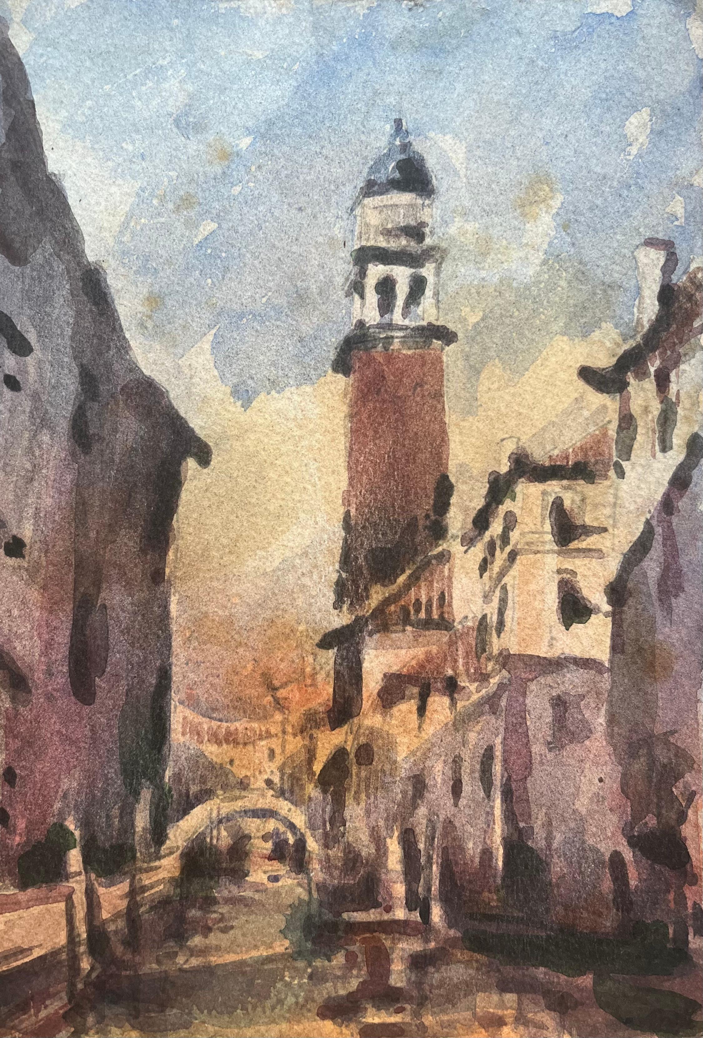 Maurice Mazeilie Landscape Art – Französischer Impressionist Aquarell der venezianischen Stadtlandschaft mit Turm und Kanal