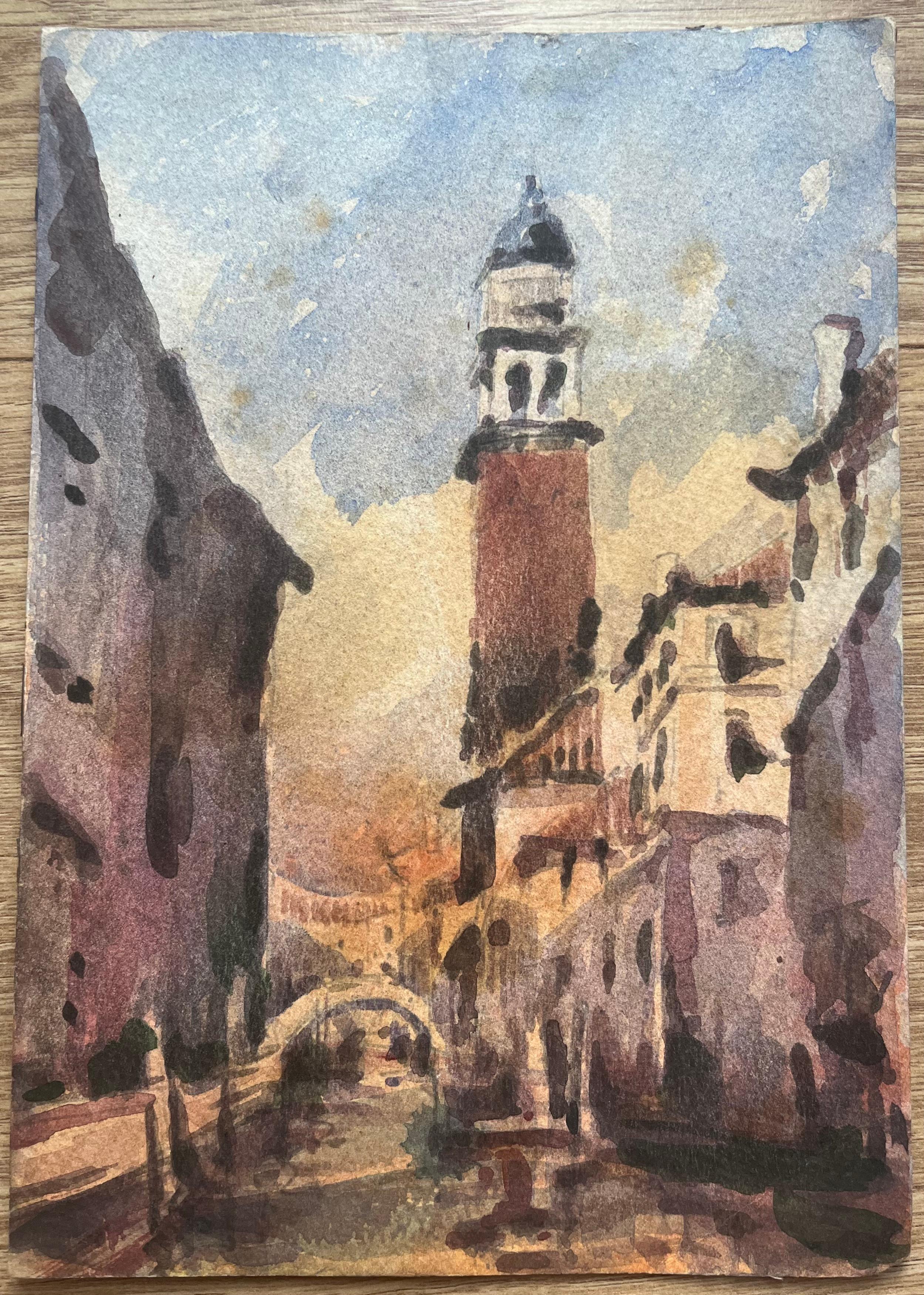 Französischer Impressionist Aquarell der venezianischen Stadtlandschaft mit Turm und Kanal – Art von Maurice Mazeilie