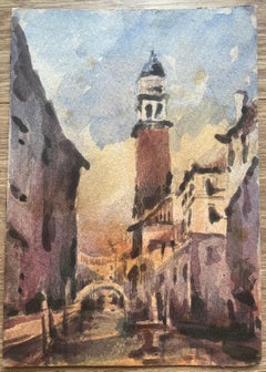 French Impressionist Watercolor of Venetian Cityscape with Tower and Canal