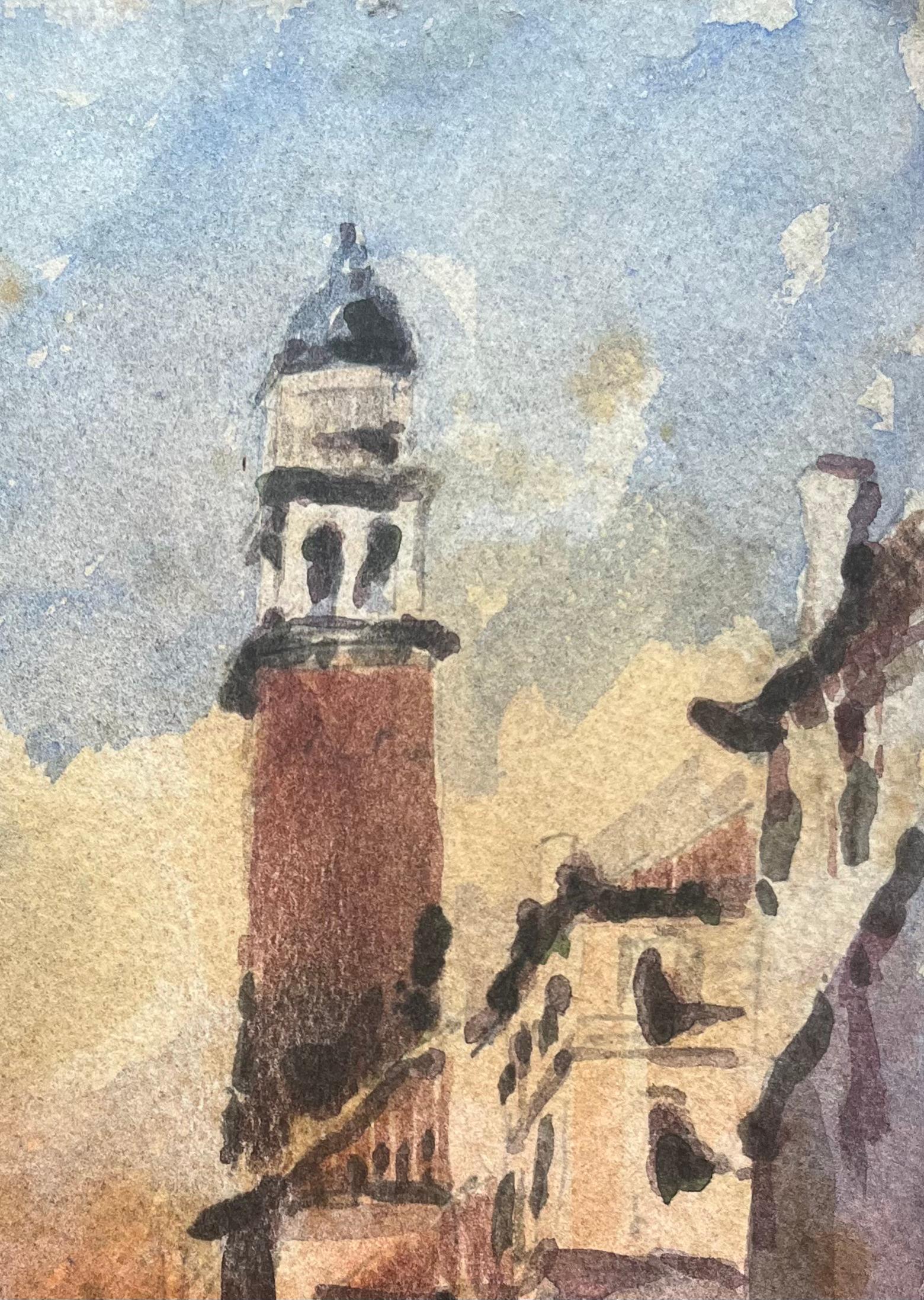 Französischer Impressionist Aquarell der venezianischen Stadtlandschaft mit Turm und Kanal (Impressionismus), Art, von Maurice Mazeilie
