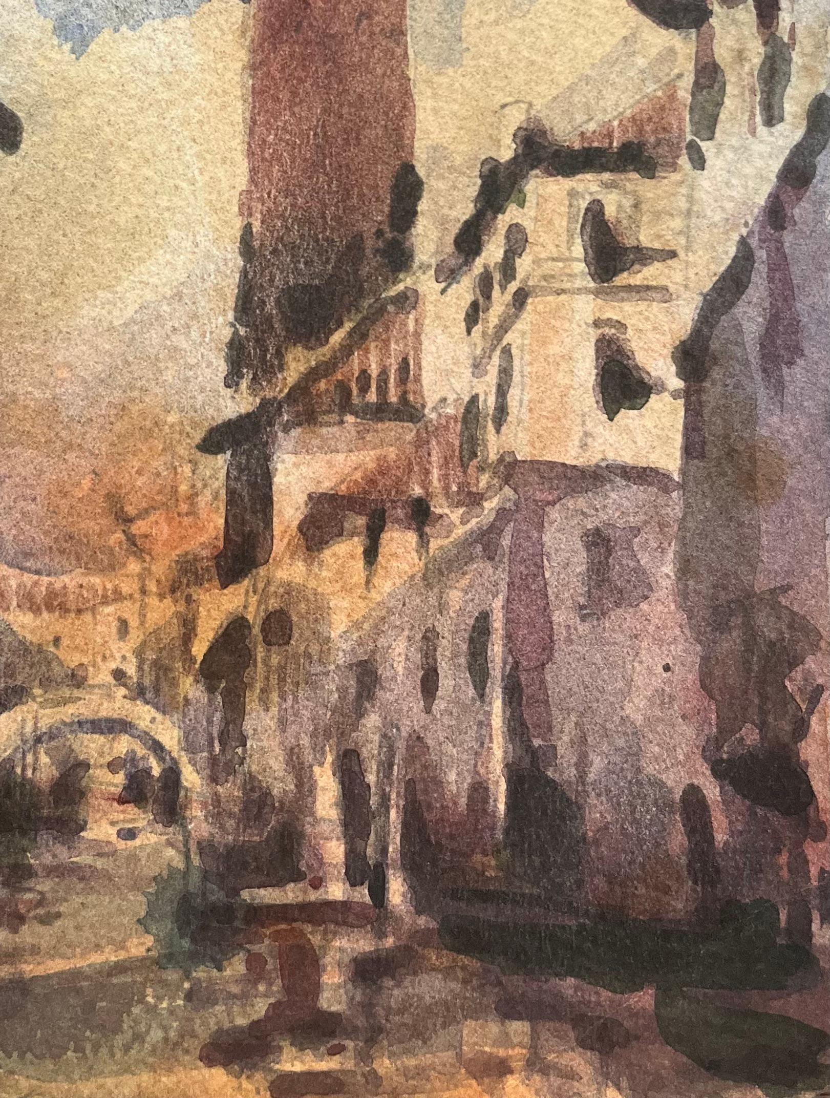 Französischer Impressionist Aquarell der venezianischen Stadtlandschaft mit Turm und Kanal (Braun), Landscape Art, von Maurice Mazeilie