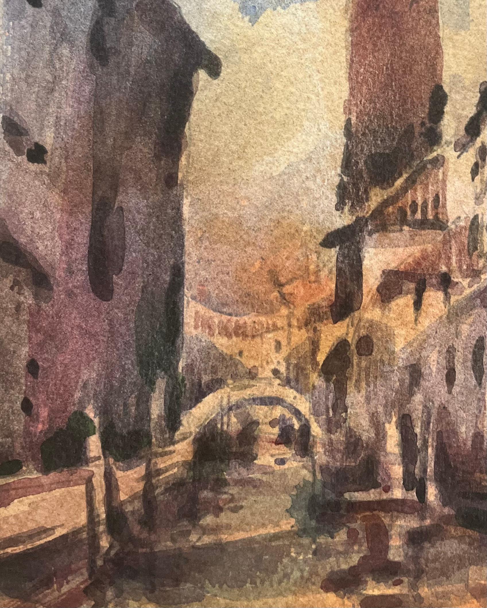 Titel: Französischer Impressionist, Aquarell einer venezianischen Stadtlandschaft mit Turm und Kanal
Von Maurice Mazeilie (Französisch 1924-2021)
Medium: Aquarell auf Papier, ungerahmt
Größe: 9,75 x 7 Zoll (Höhe x Breite)
Unterschrieben: