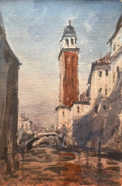 French Impressionist Watercolor of Venice Cityscape with Tower Canal and Bridge