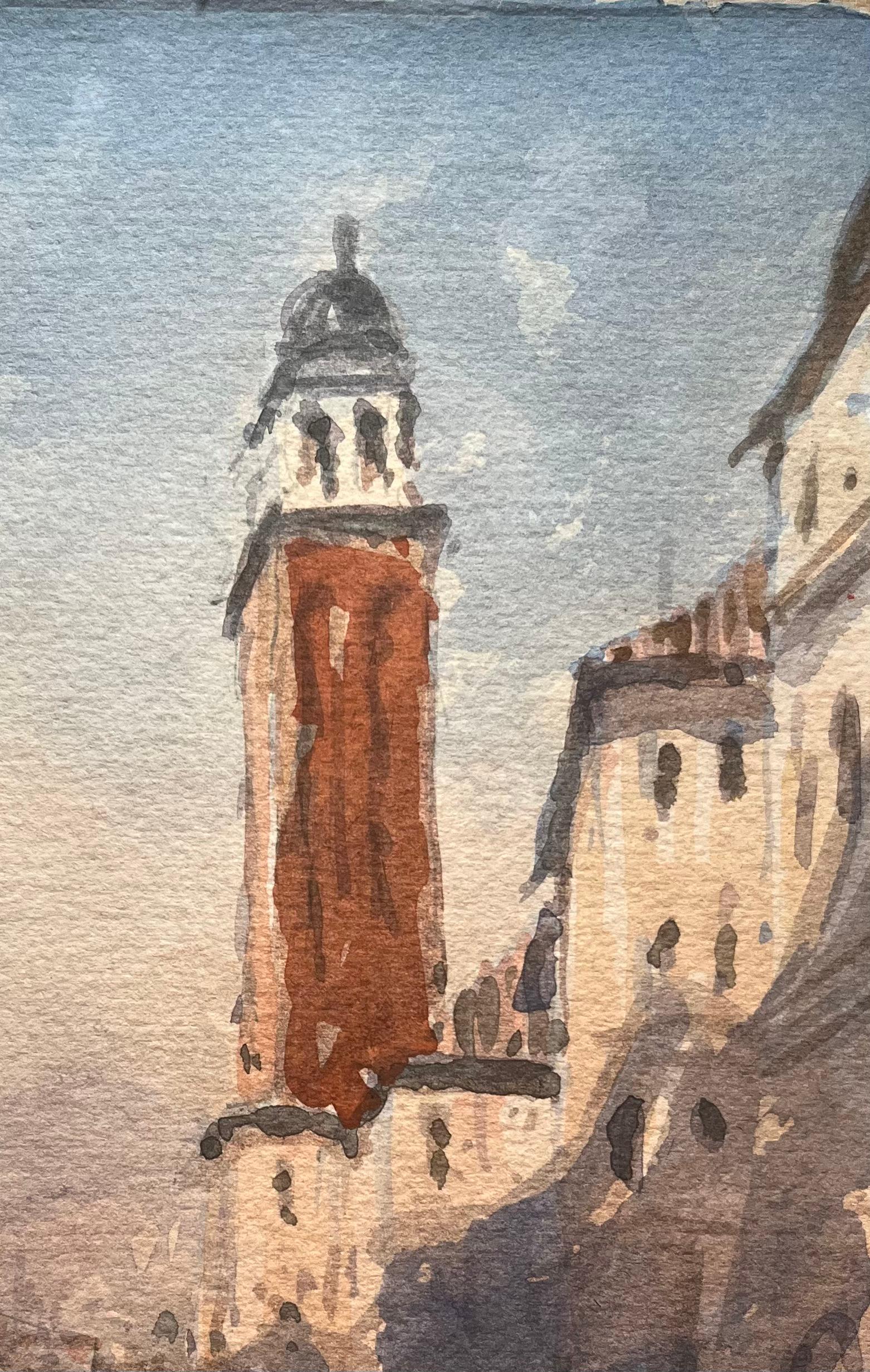 French Impressionist Watercolor of Venice Cityscape with Tower Canal and Bridge - Brown Landscape Art by Maurice Mazeilie