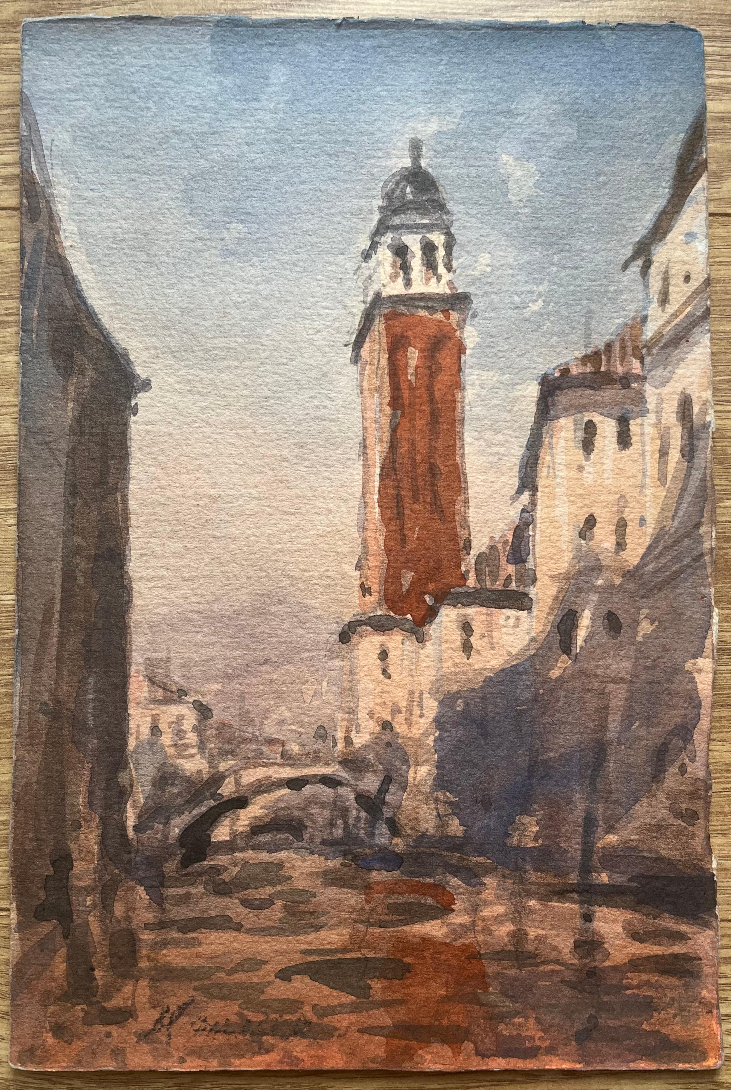 French Impressionist Watercolor of Venice Cityscape with Tower Canal and Bridge - Art by Maurice Mazeilie