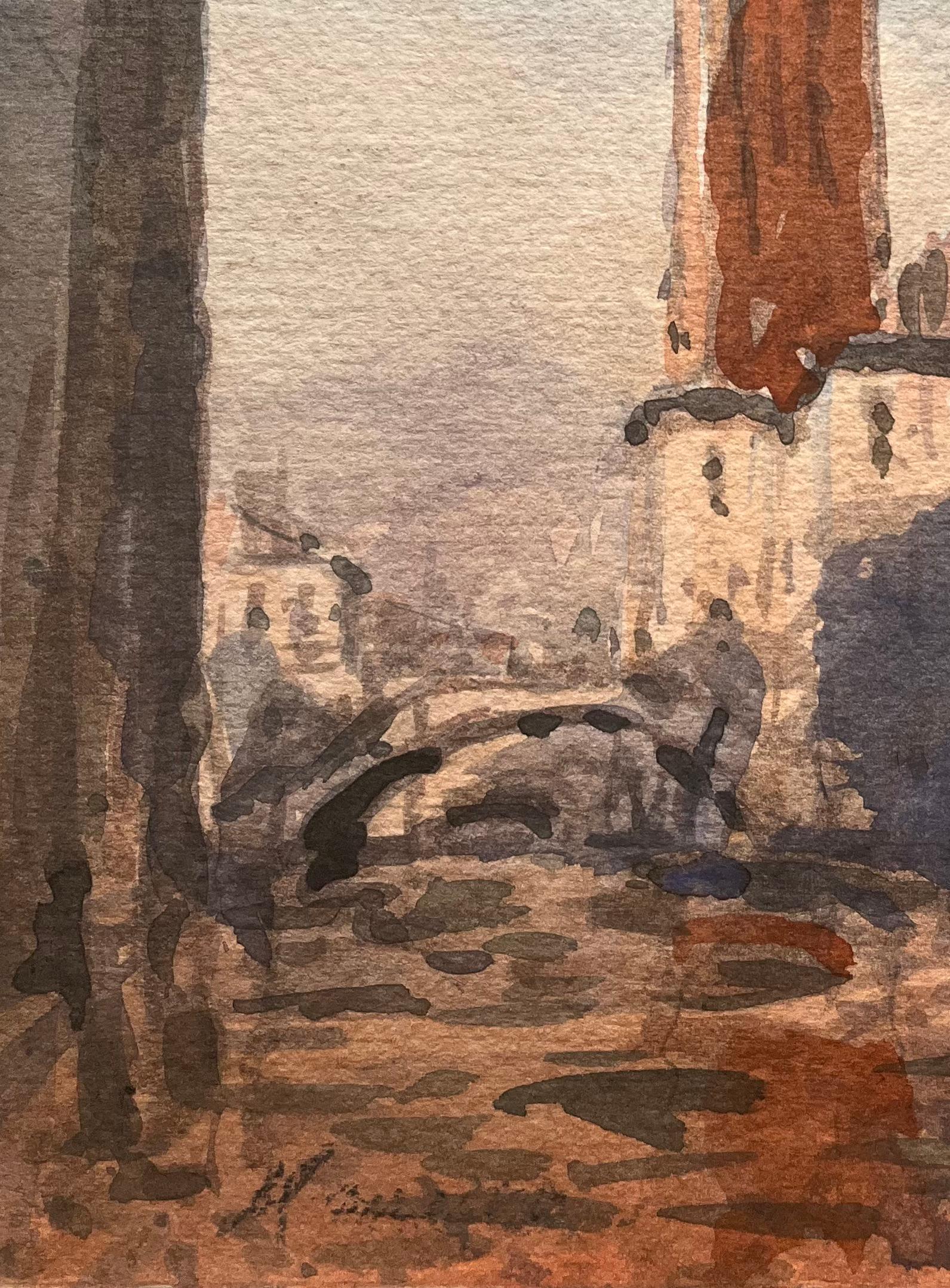 French Impressionist Watercolor of Venice Cityscape with Tower Canal and Bridge For Sale 1