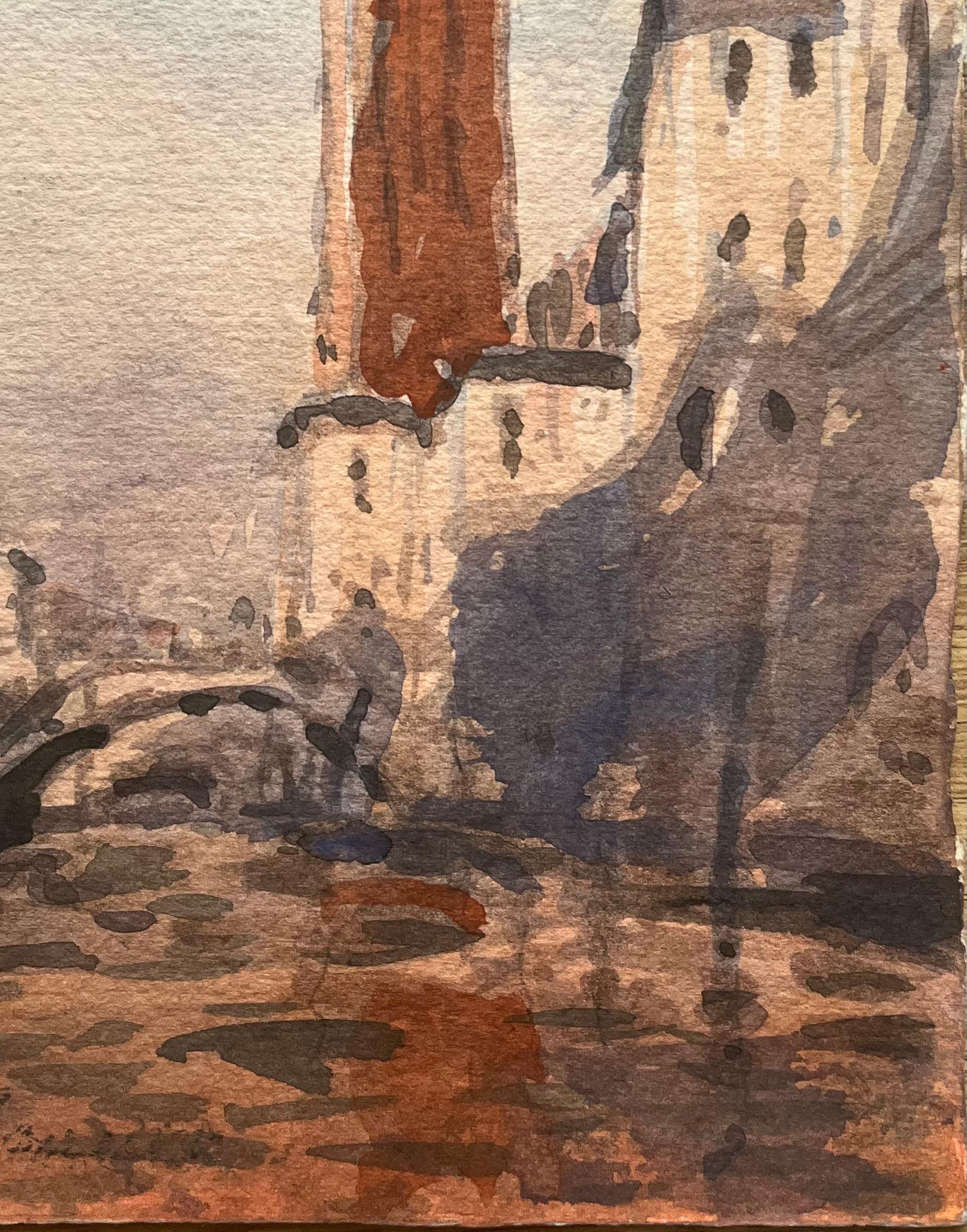 Title: French Impressionist Watercolor of Venice Cityscape with Tower Canal and Bridge
By Maurice Mazeilie (French 1924-2021)
Medium: Watercolor on paper, unframed
Size: 11.25 x 7.25 inches (Height x Width)
Signed: Verso
Condition: Good
Provenance: