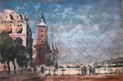 Aquarelle impressionniste française représentant une scène de rue vénitienne avec une tour et des personnages