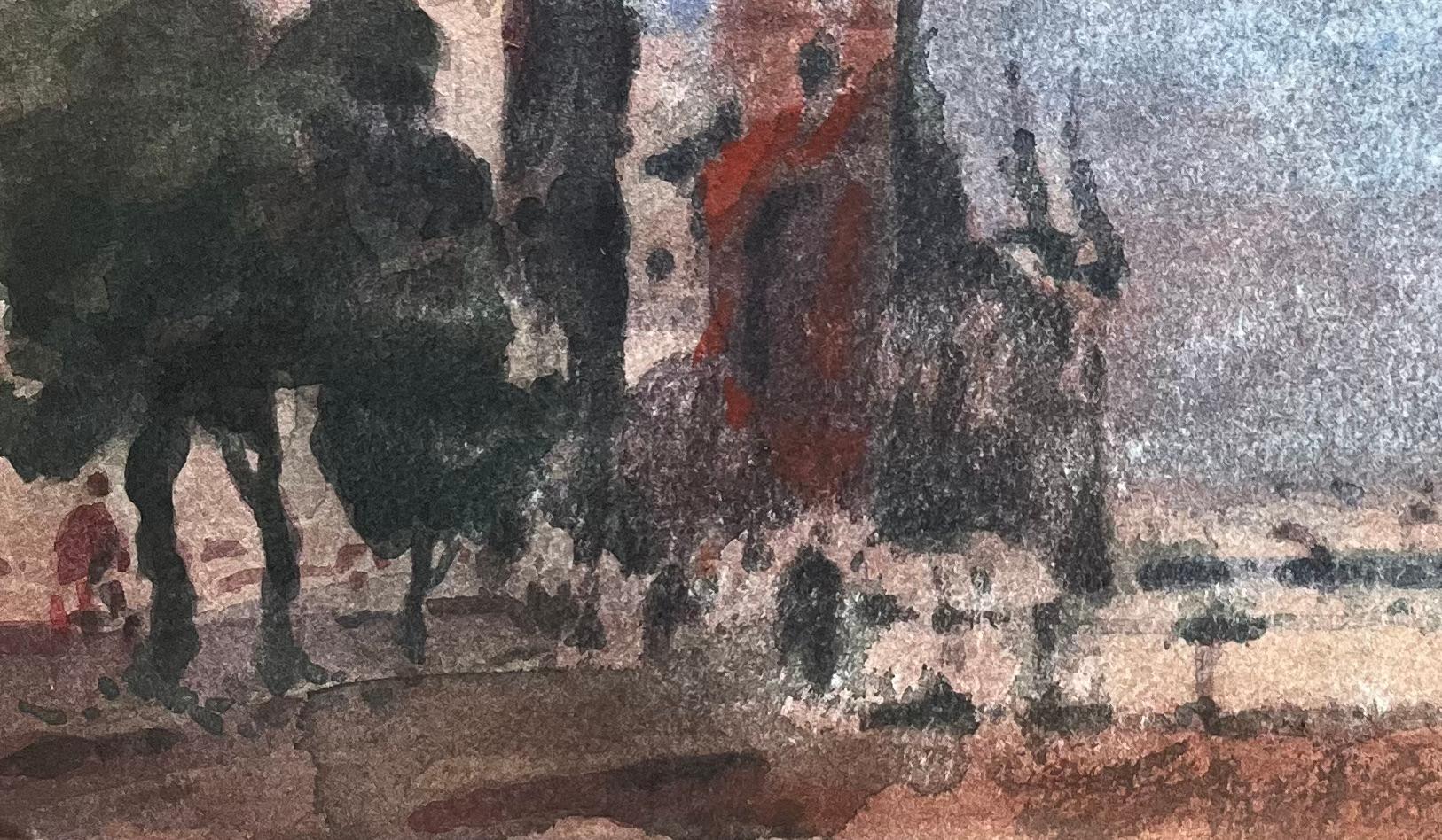 Titre : Aquarelle impressionniste française d'une scène de rue vénitienne avec tour et personnages
Par Maurice Mazeilie (français 1924-2021)
Moyen d'expression : Aquarelle sur papier, non encadrée
Taille : 7 x 10.25 pouces (hauteur x
