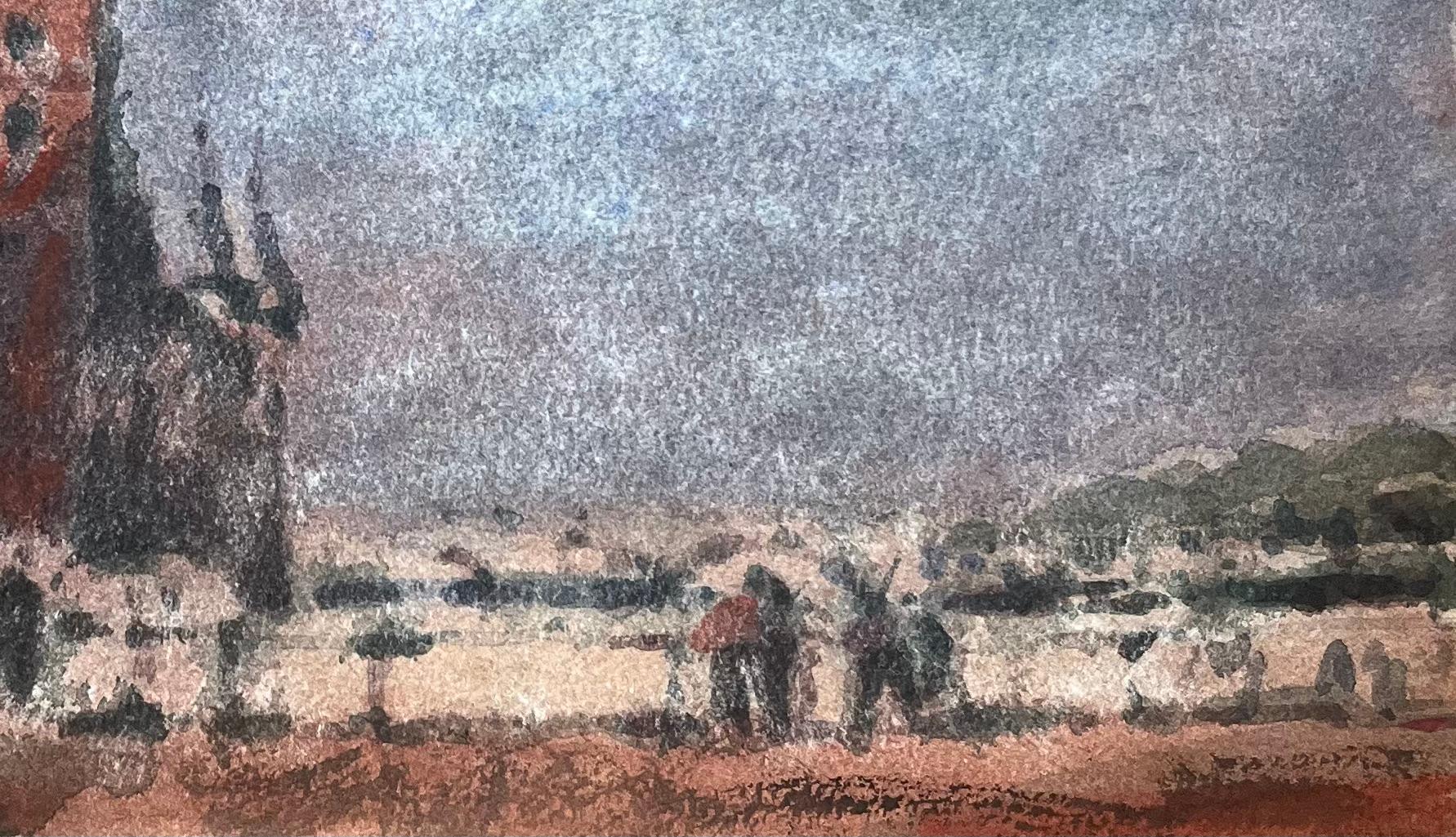 Aquarelle impressionniste française représentant une scène de rue vénitienne avec une tour et des personnages - Gris Landscape Art par Maurice Mazeilie