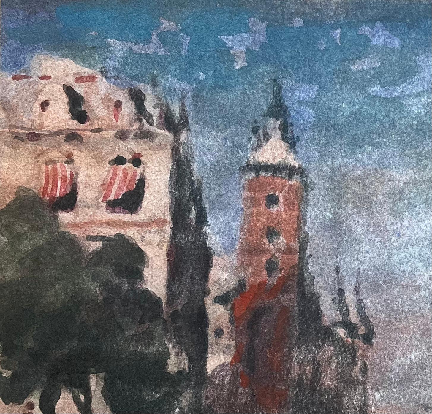 Aquarelle impressionniste française représentant une scène de rue vénitienne avec une tour et des personnages - Impressionnisme Art par Maurice Mazeilie