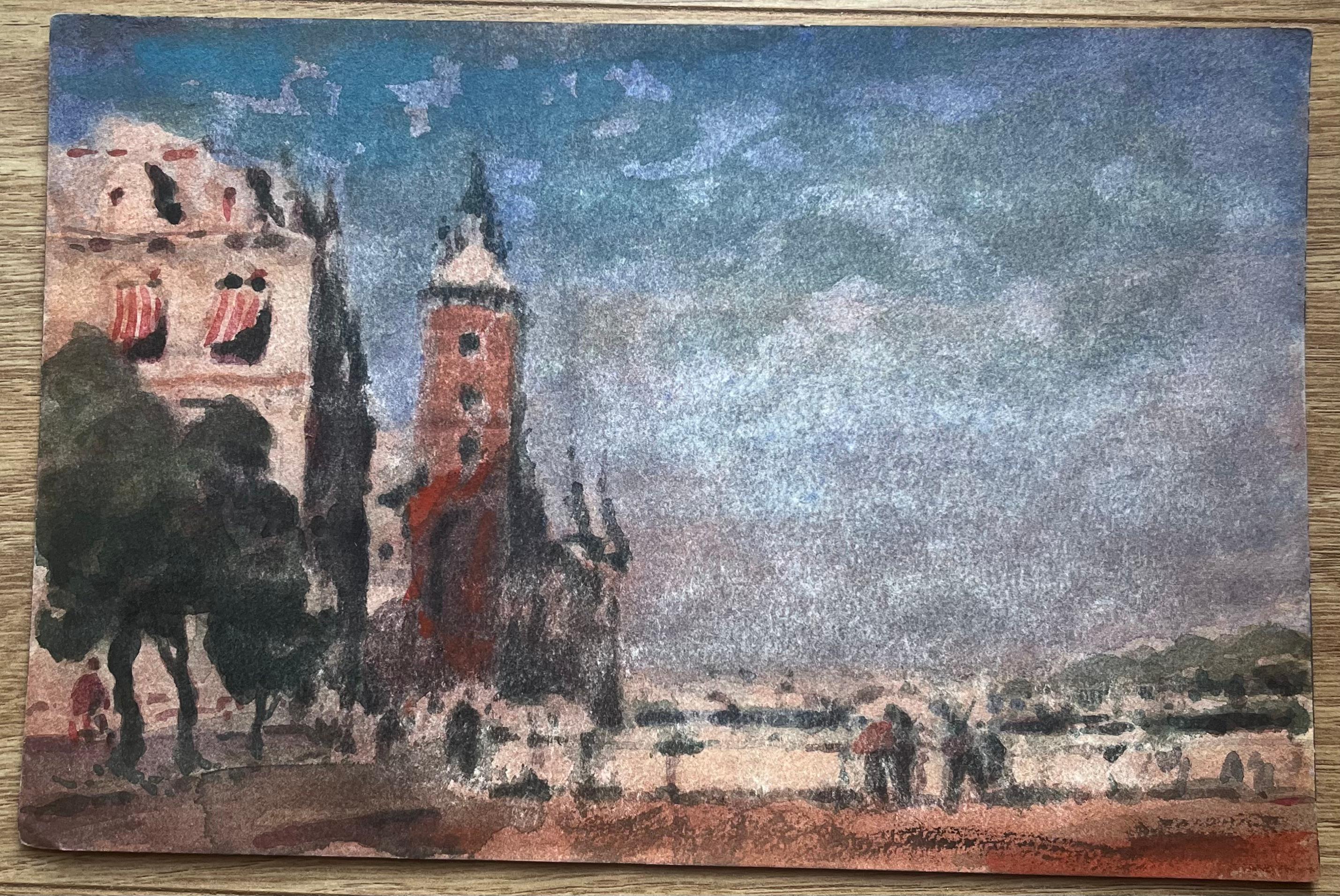 Aquarelle impressionniste française représentant une scène de rue vénitienne avec une tour et des personnages - Art de Maurice Mazeilie