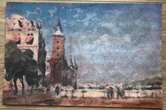 French Impressionist Watercolor of Venetian Street Scene with Tower and Figures