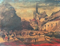 French Impressionist Watercolor Parisian Street Scene with Cathedral and Bridge