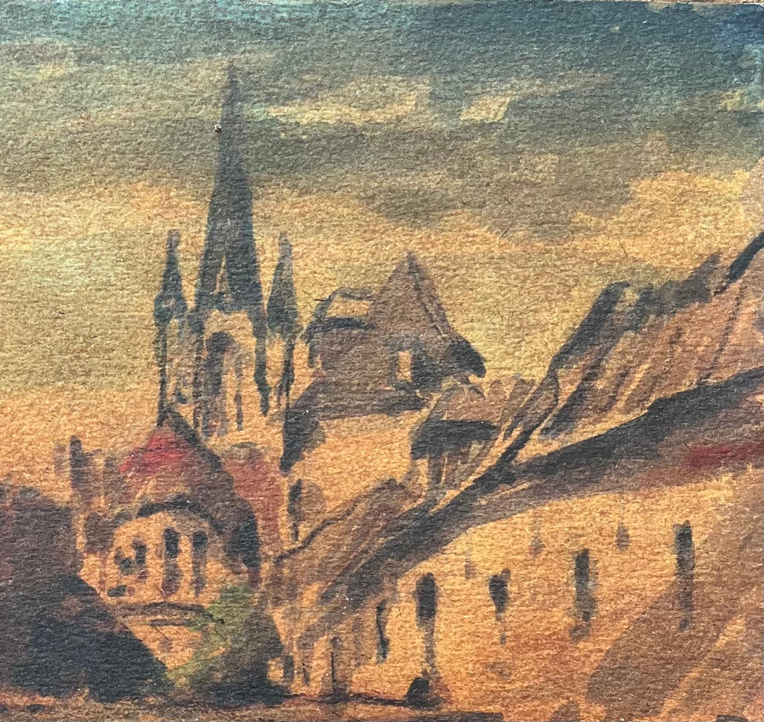 Acuarela Impresionista Francesa Escena Callejera Parisina con Catedral y Puente en venta 1