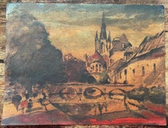 French Impressionist Watercolor Parisian Street Scene with Cathedral and Bridge