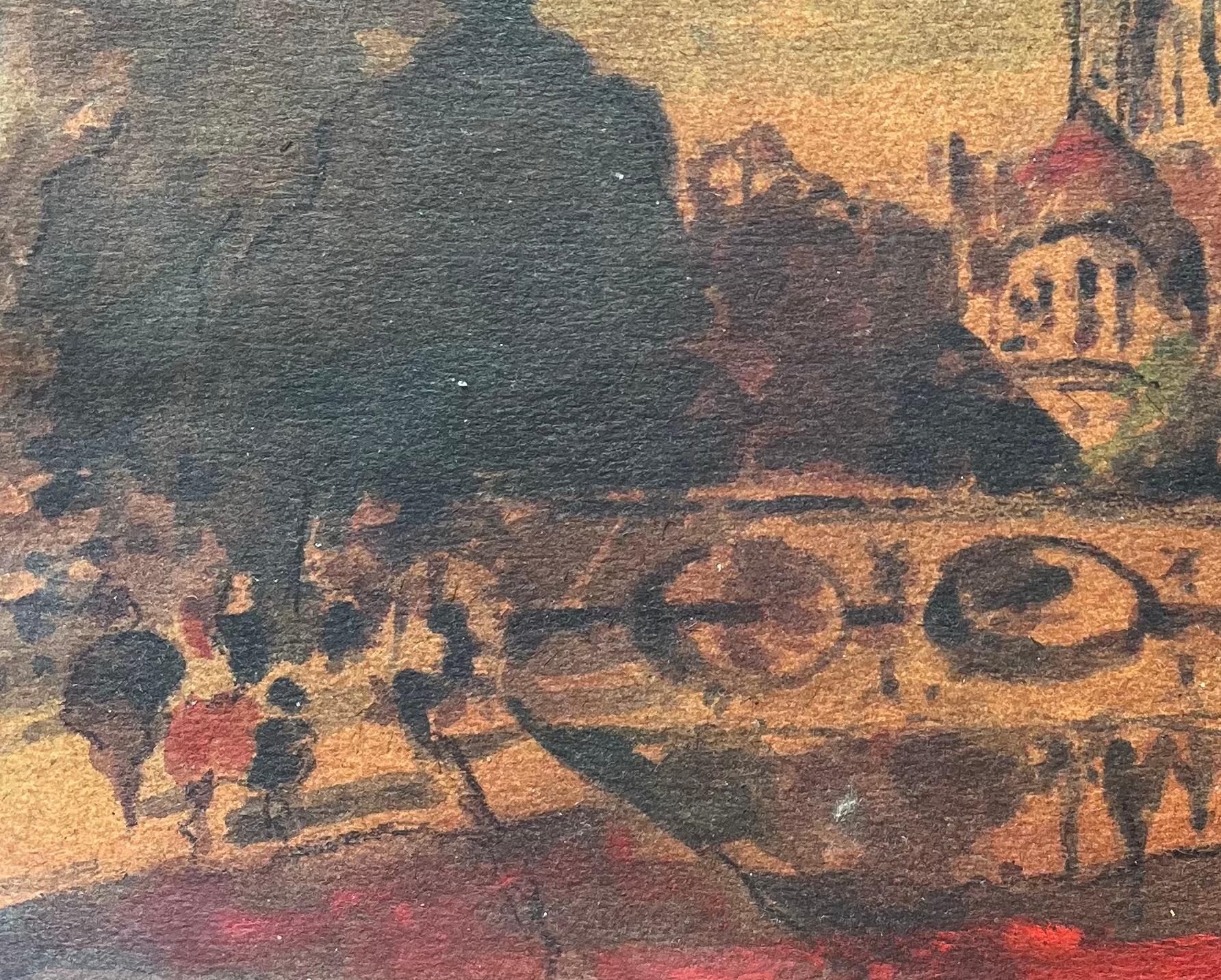 Acuarela Impresionista Francesa Escena Callejera Parisina con Catedral y Puente en venta 3